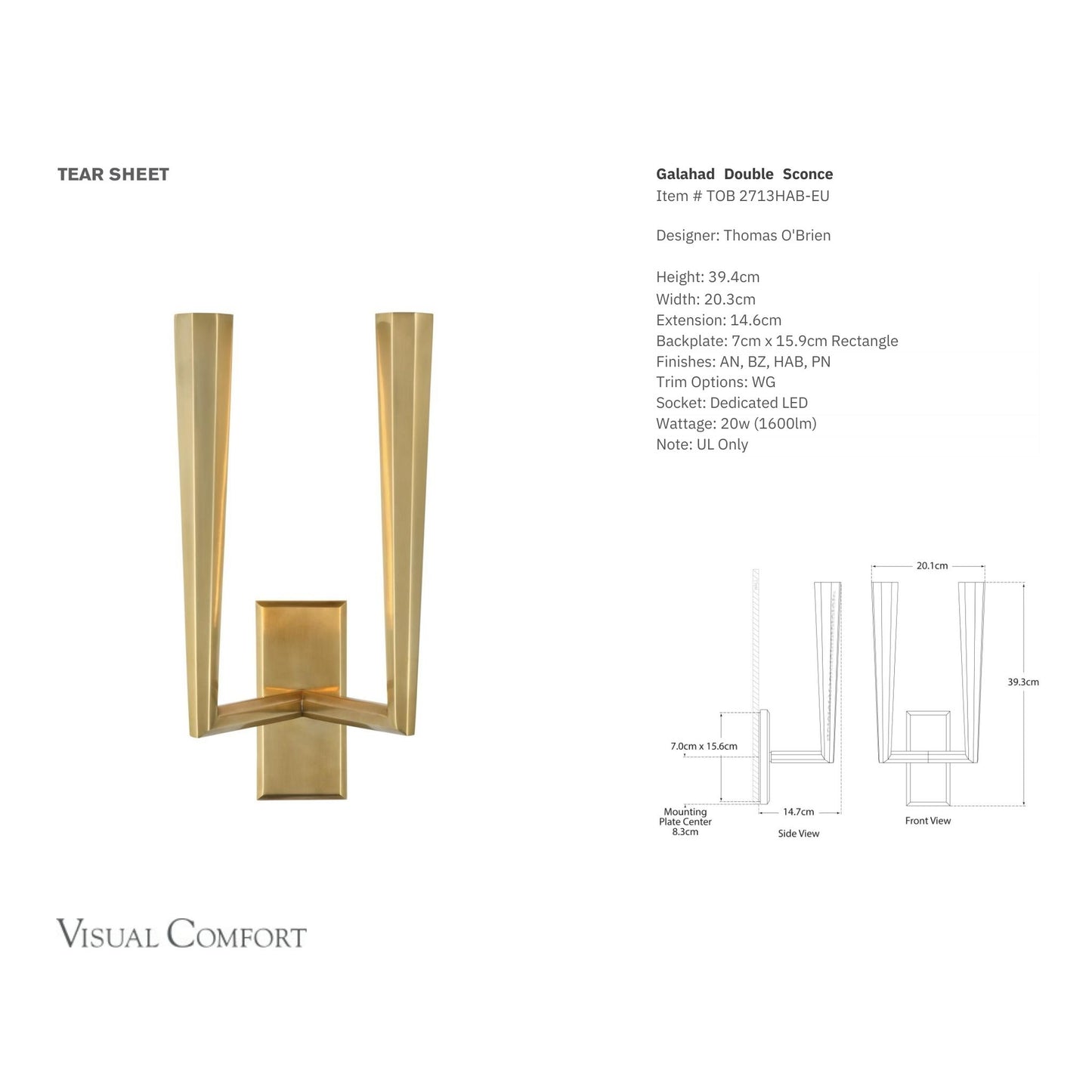 Thomas O'Brien Galahad Double Tall Wall Sconce - Brass Wall Light Bloomingdales Lighting