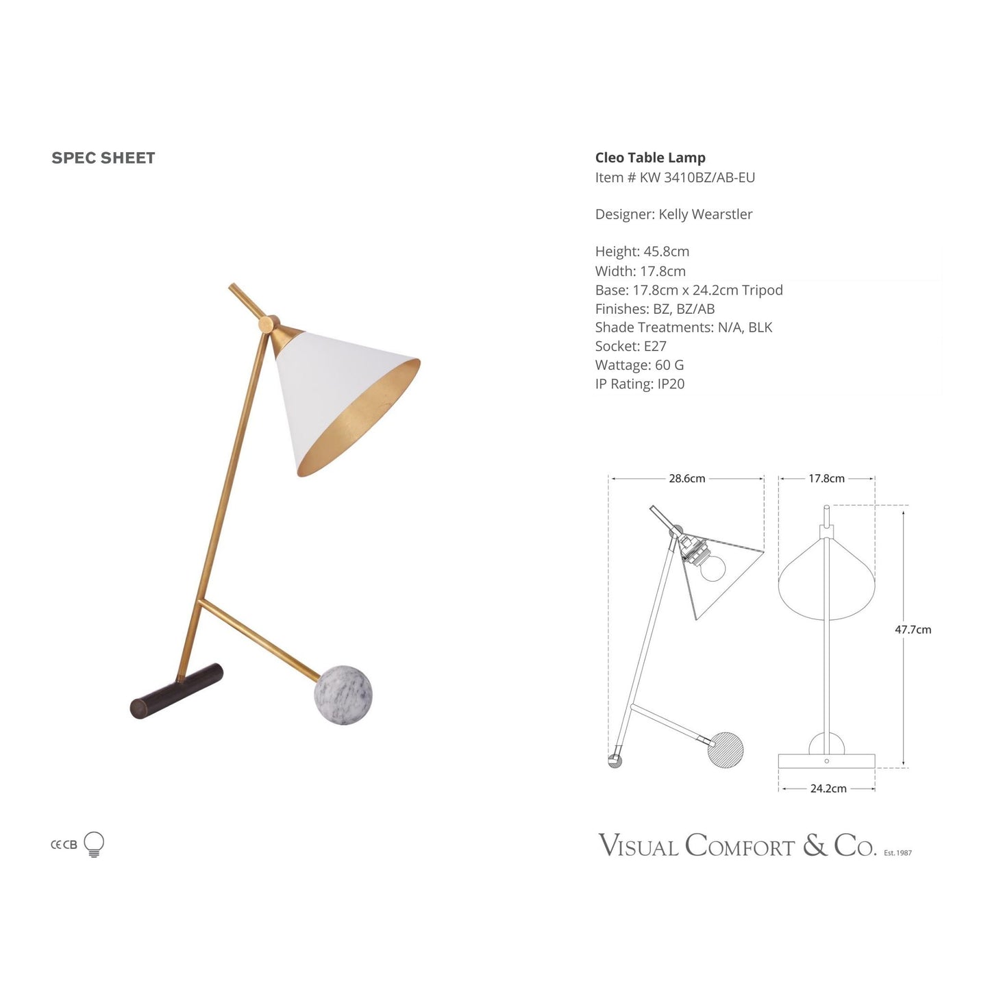 Kelly Wearstler Cleo White Metal Table Lamp - Brass Table Lamp Bloomingdales Lighting