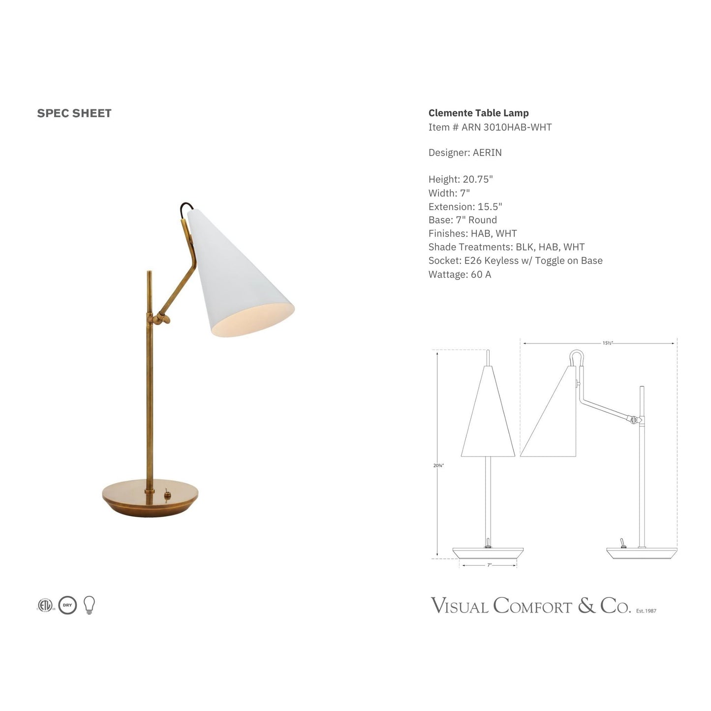 AERIN Clemente White Metal Table Lamp - Brass Table Lamp Bloomingdales Lighting