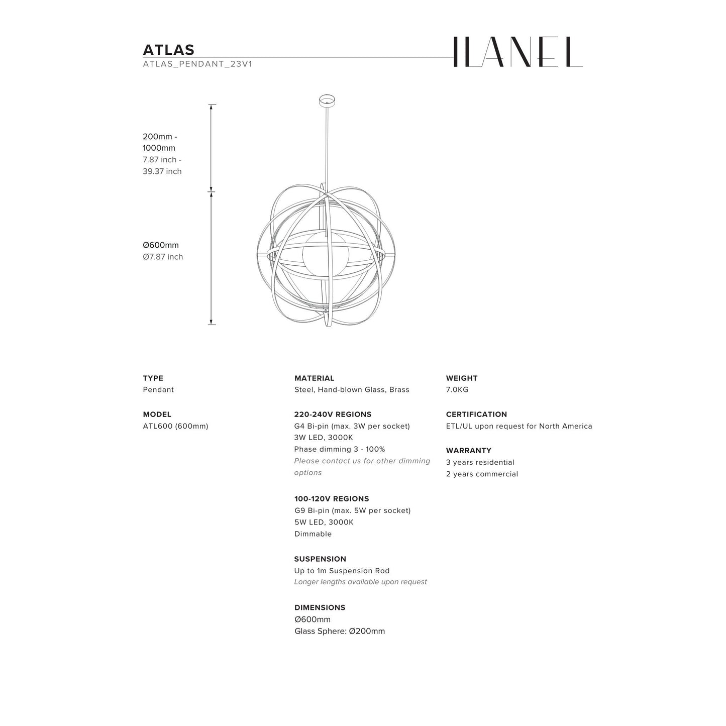 Atlas Hand Blown Glass Pendant Light Pendant Light ILANEL