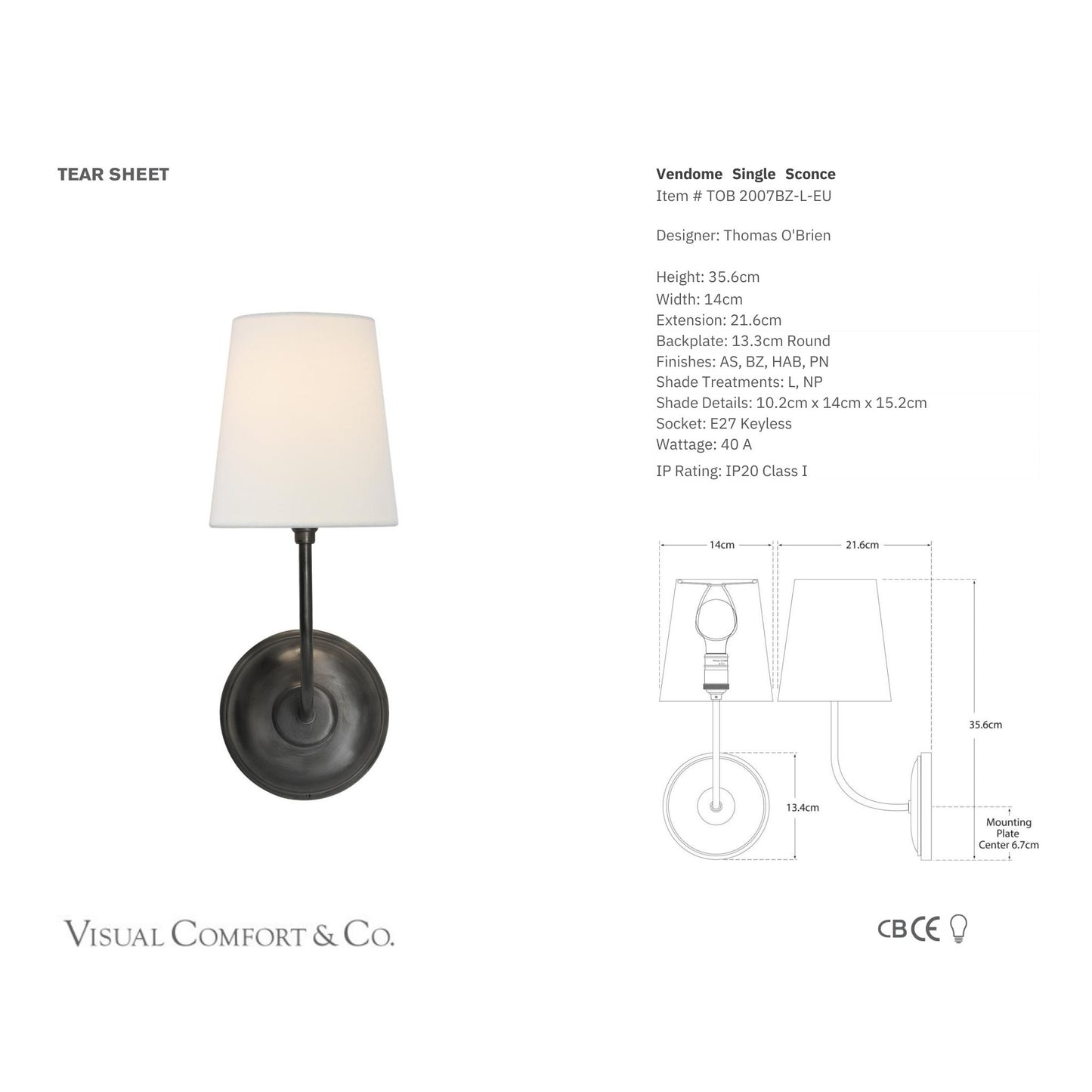 Thomas O'Brien Vendome Linen Single Wall Sconce - Bronze Wall Light Bloomingdales Lighting