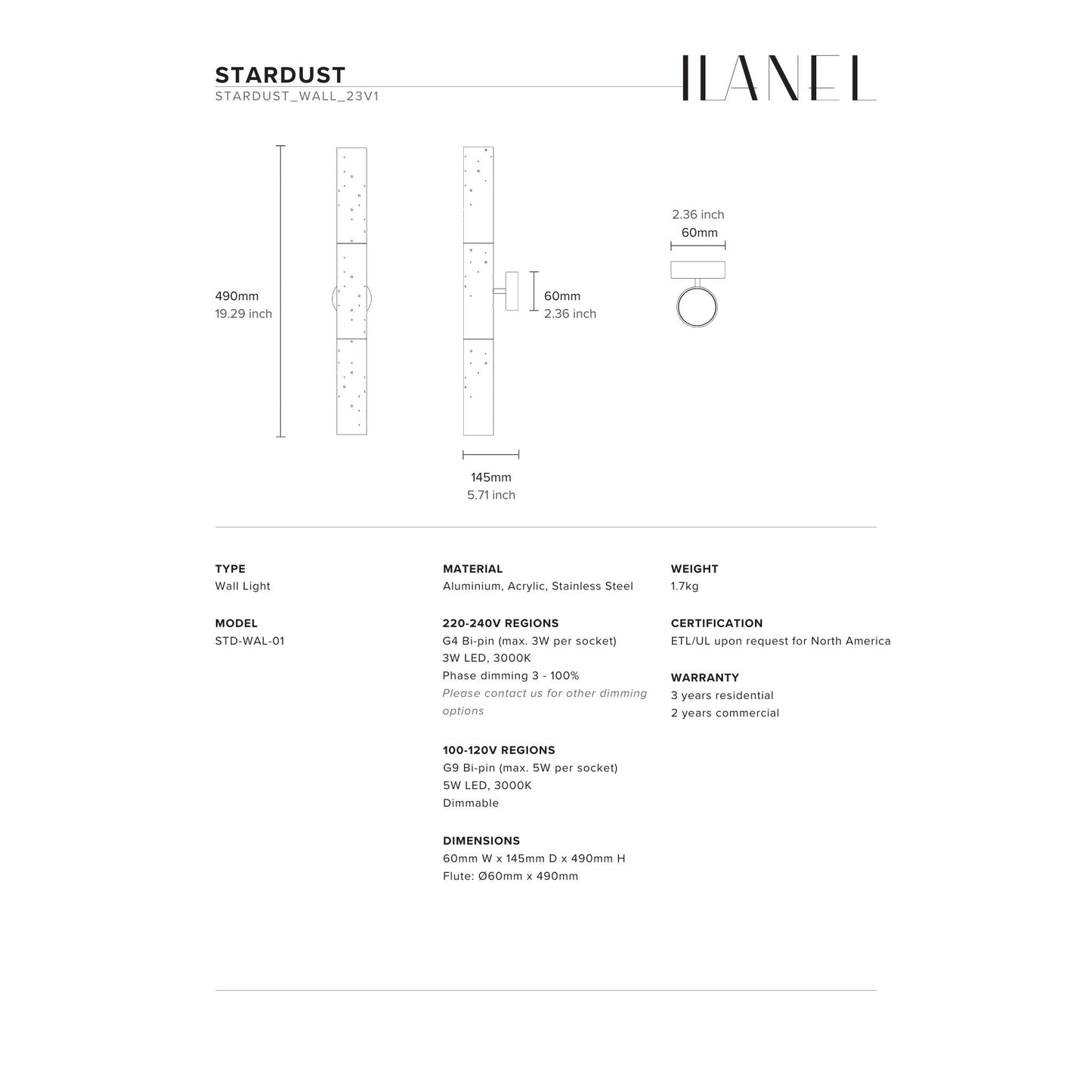 Stardust Double Fluted Wall Light Wall Light ILANEL