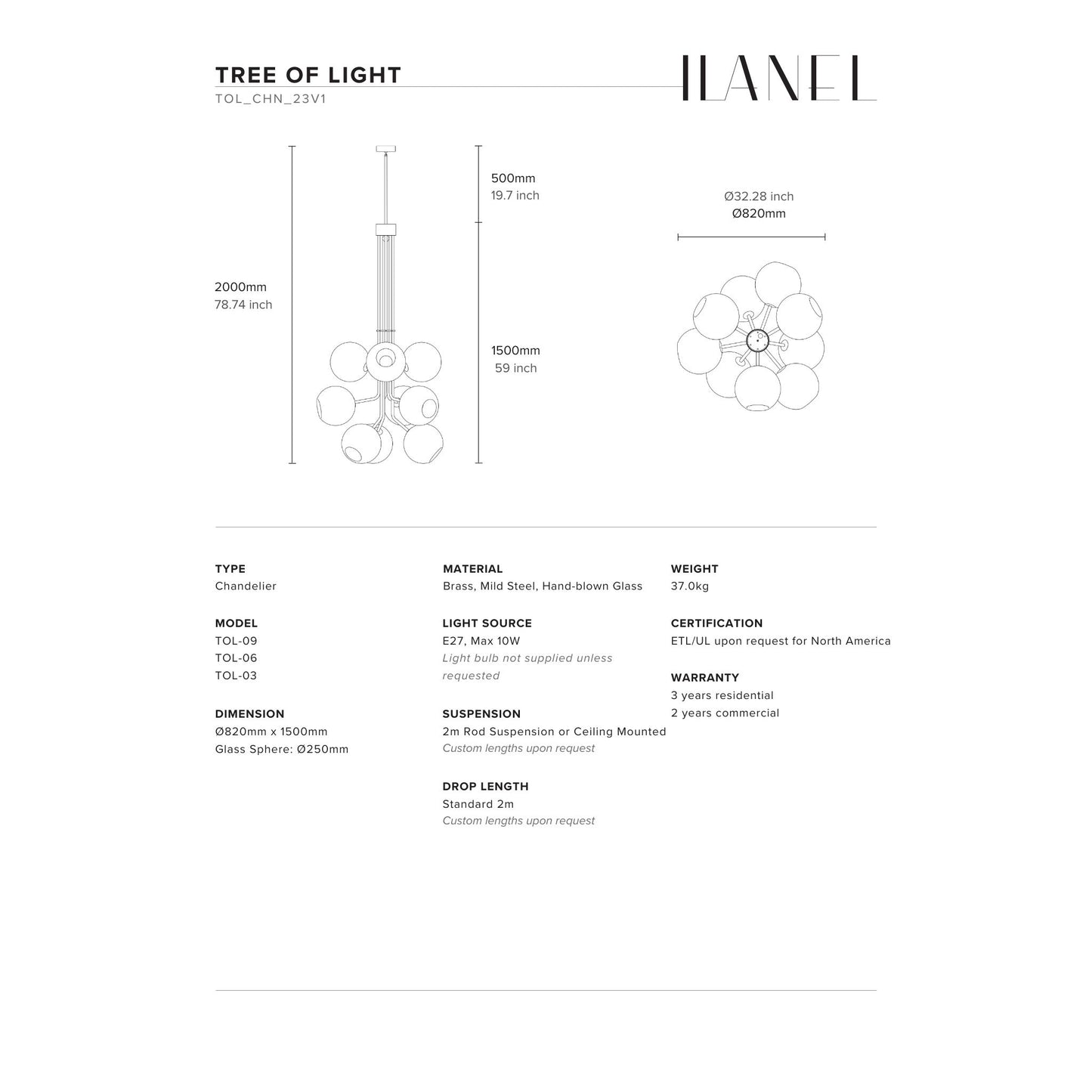 Tree of Light Nine Branch Chandelier Chandelier ILANEL