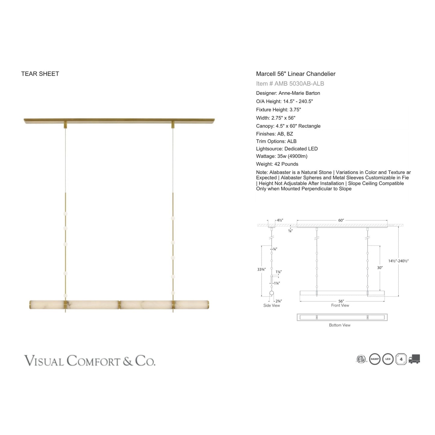 Anne-Marie Barton Marcell 56" Alabaster Linear Chandelier - Brass