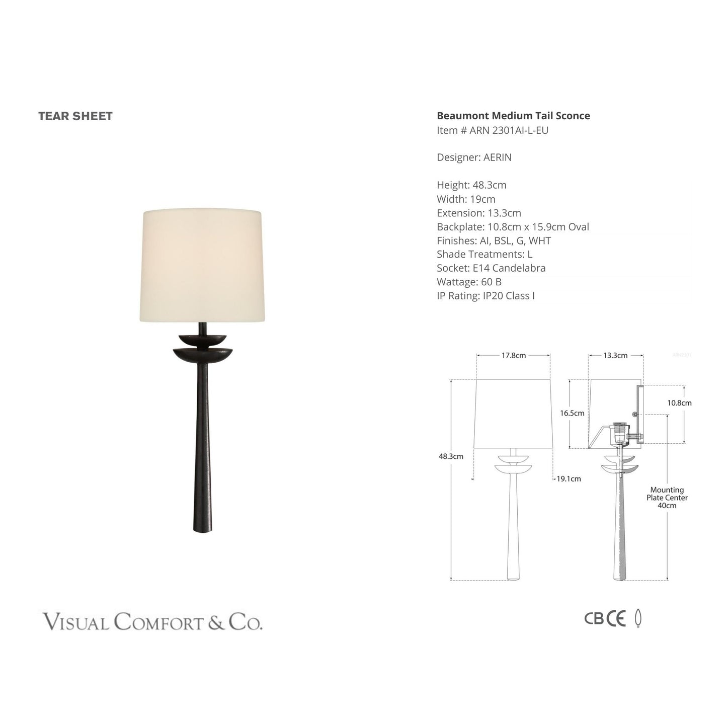 AERIN Beaumont Linen Medium Tail Sconce - Aged Iron Wall Light Bloomingdales Lighting