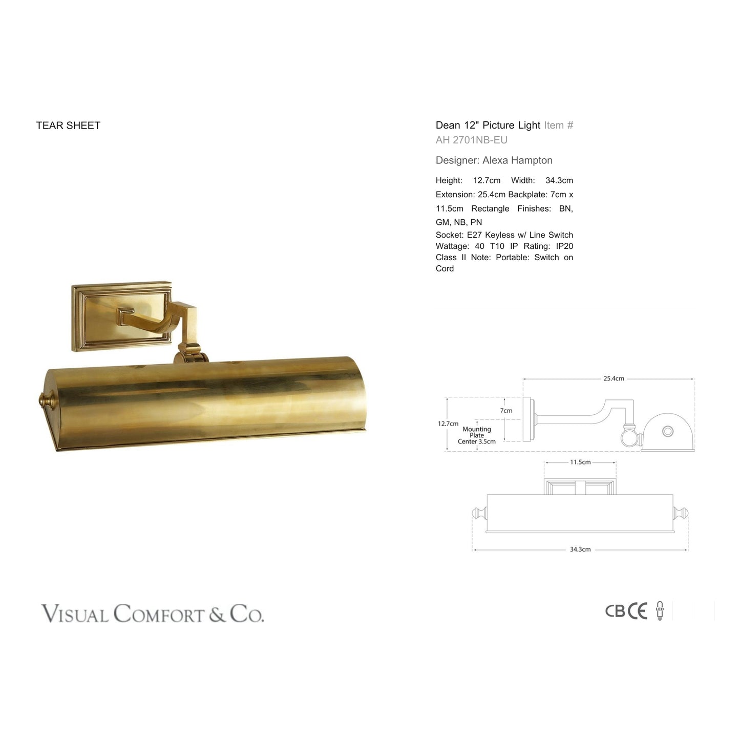 Alexa Hampton Dean 12" Picture Light - Natural Brass Wall Light Bloomingdales Lighting