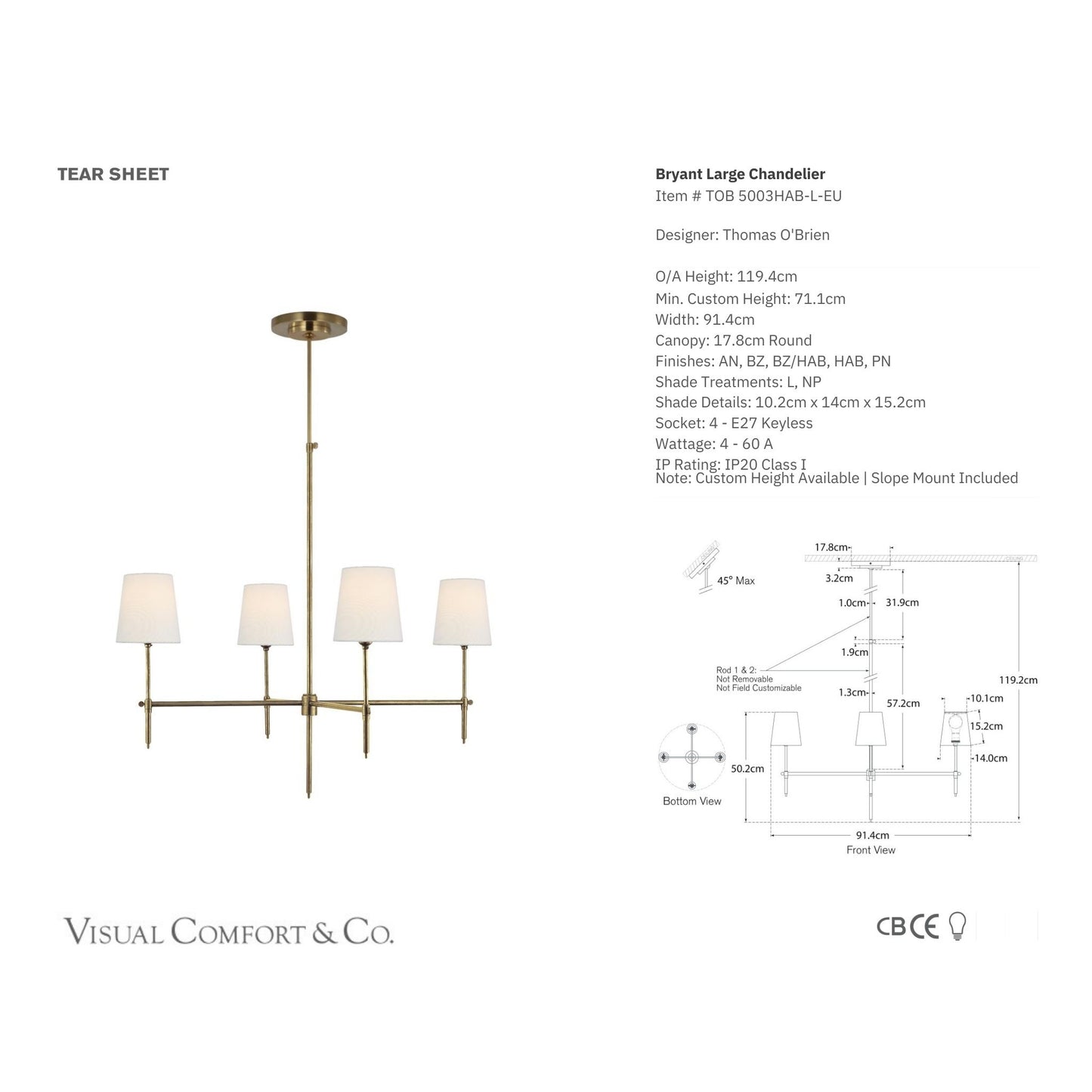 Thomas O'Brien Bryant Large Linen Chandelier - Brass Pendant Light Bloomingdales Lighting