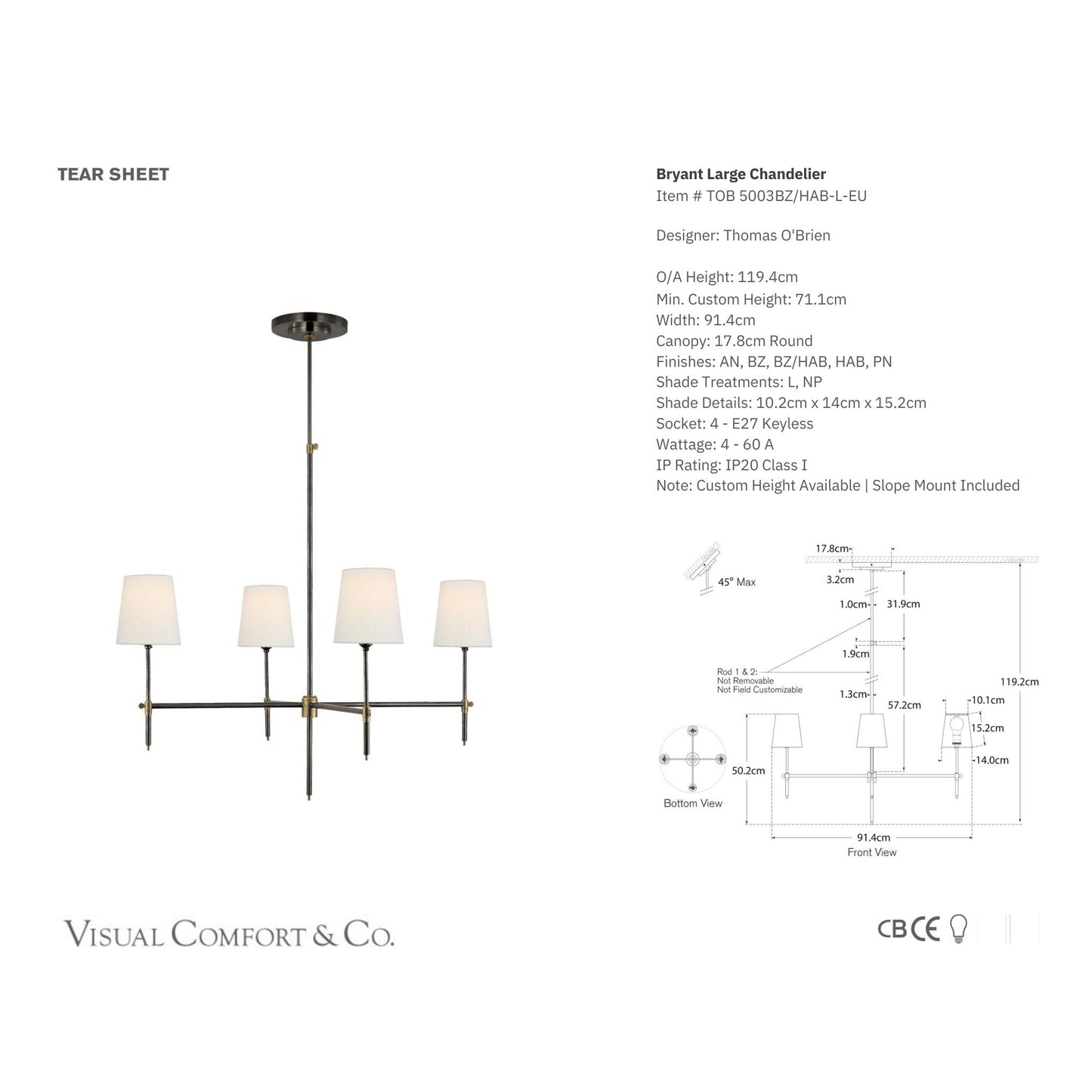 Thomas O'Brien Bryant Large Linen Chandelier - Bronze and Brass Pendant Light Bloomingdales Lighting