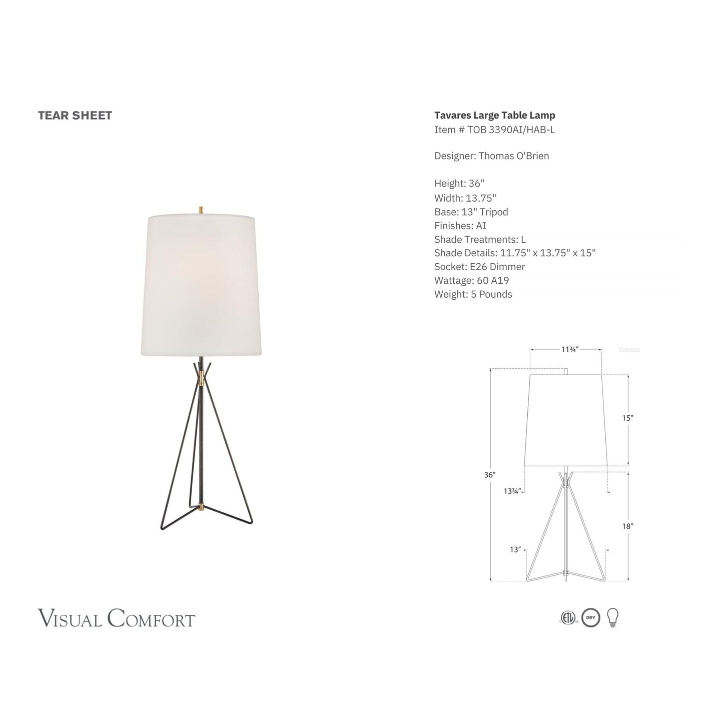 Thomas O'Brien Tavares Large Linen Table Lamp - Aged Iron, Brass Table Lamp Bloomingdales Lighting