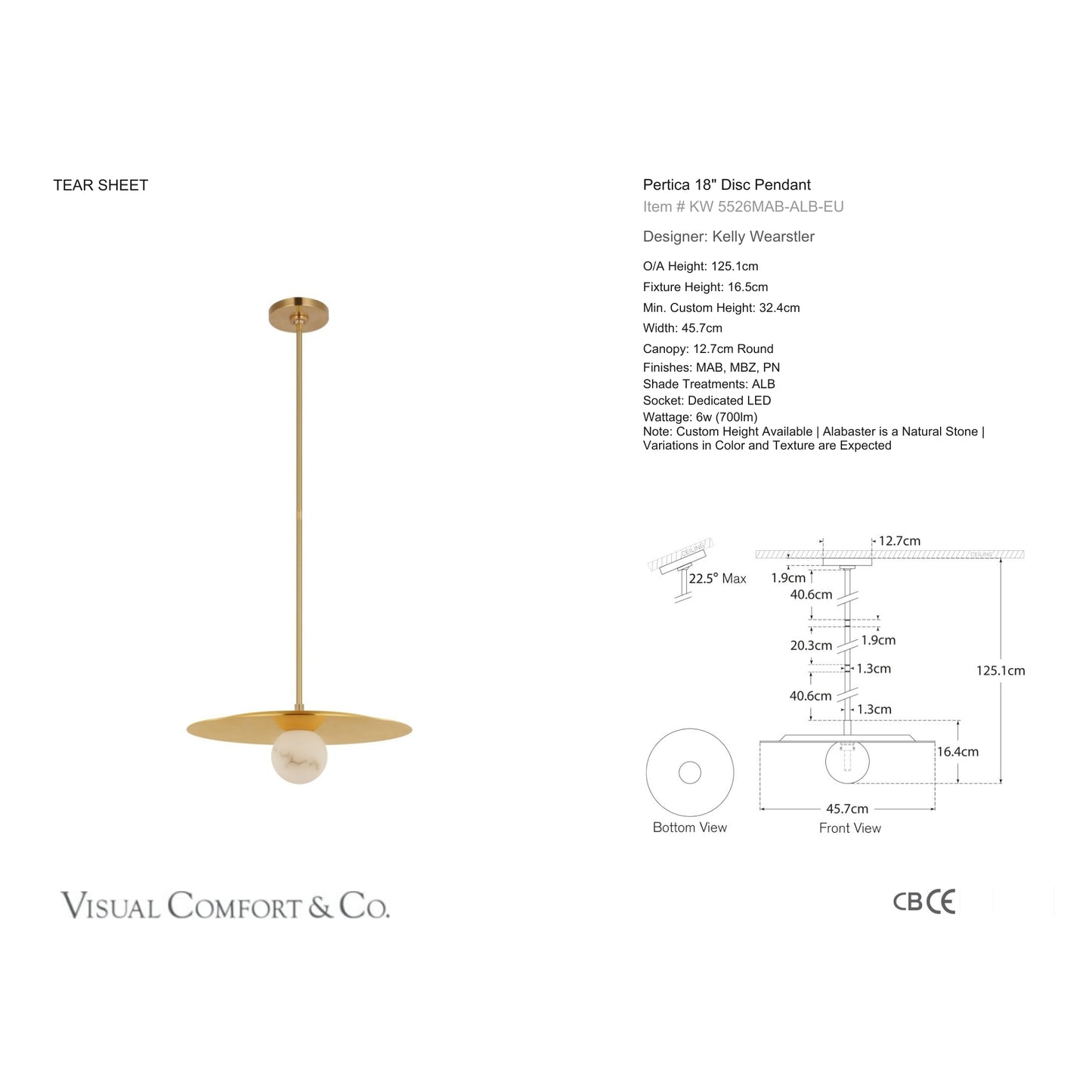 Kelly Wearstler Pertica 18" Alabaster Disc Pendant Light - Mirrored Brass Pendant Light Bloomingdales Lighting