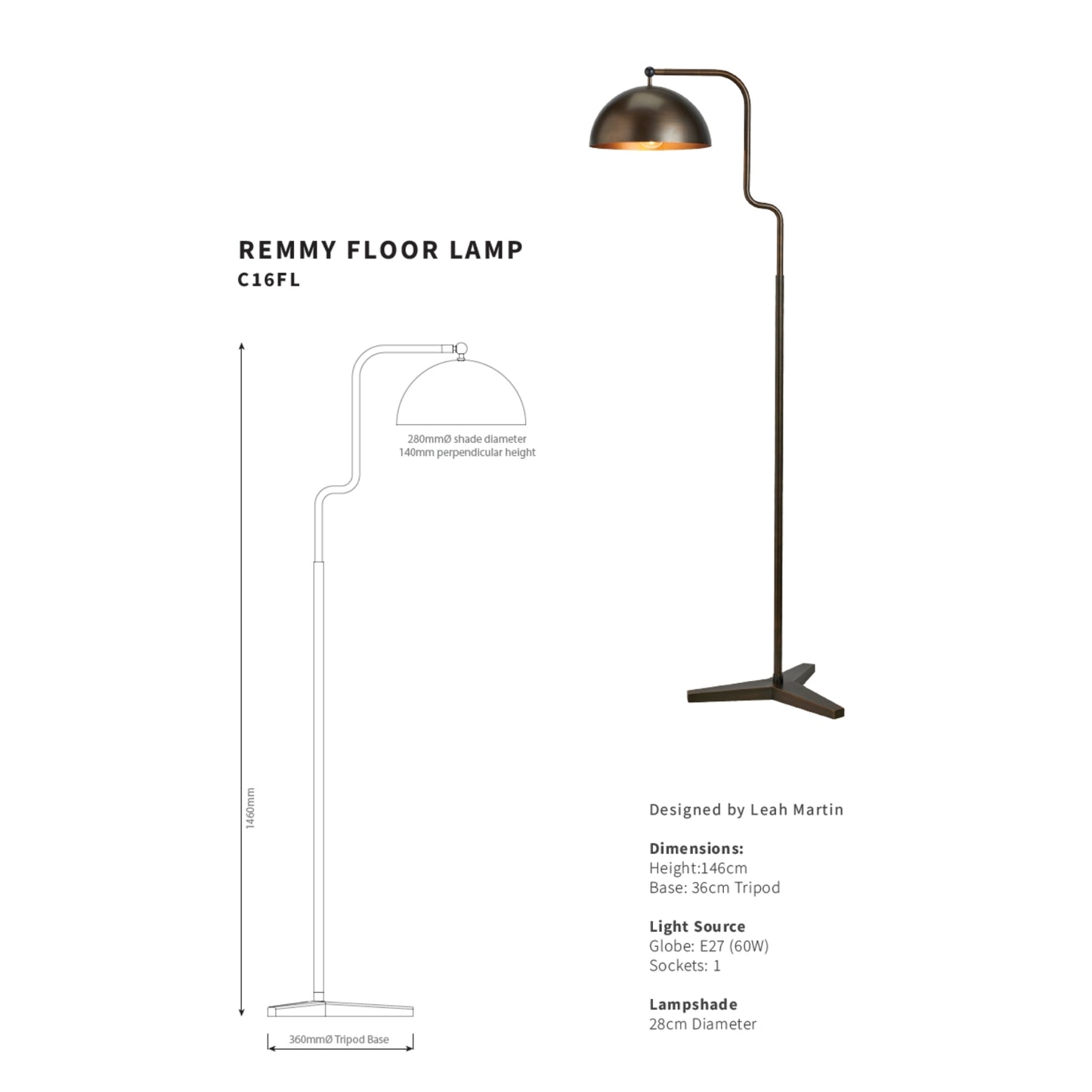Leah Martin Remmy Floor Lamp - Aged Brass Floor Lamp Bloomingdales Lighting
