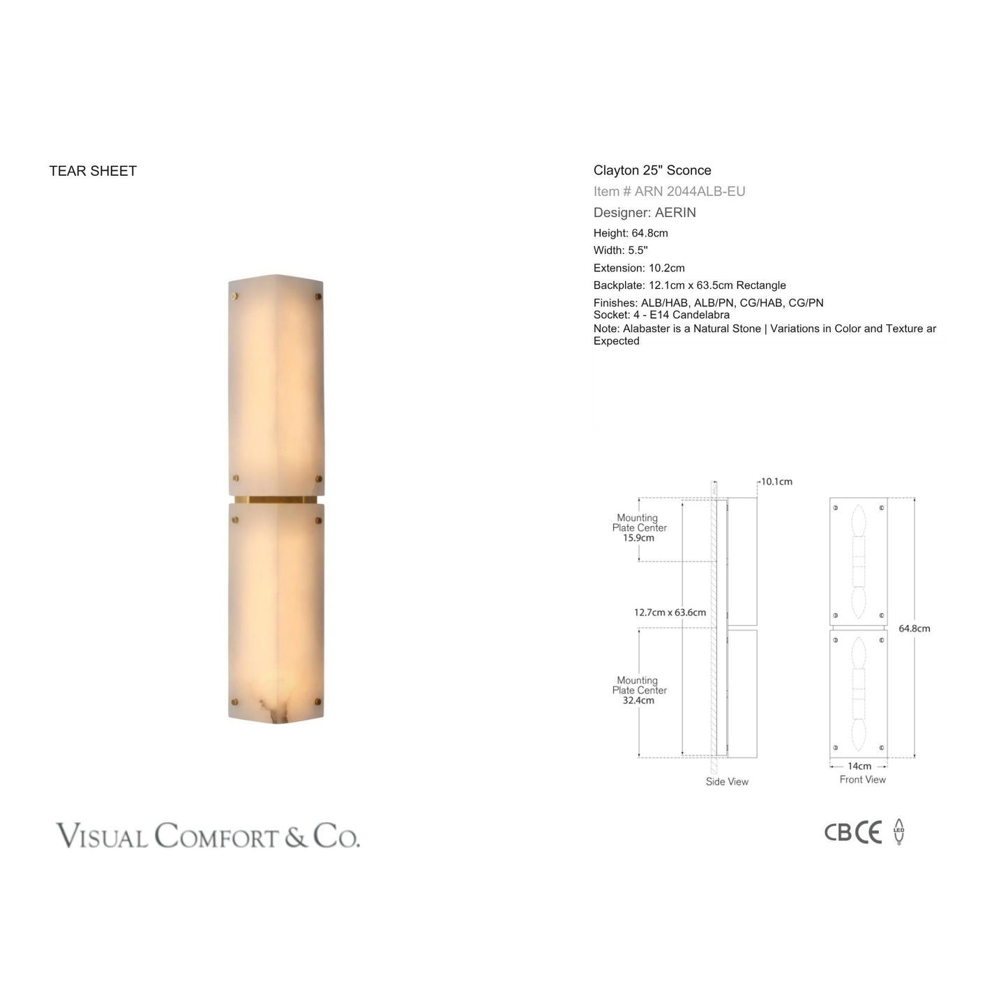 AERIN Clayton 25" Alabaster Wall Sconce - Brass