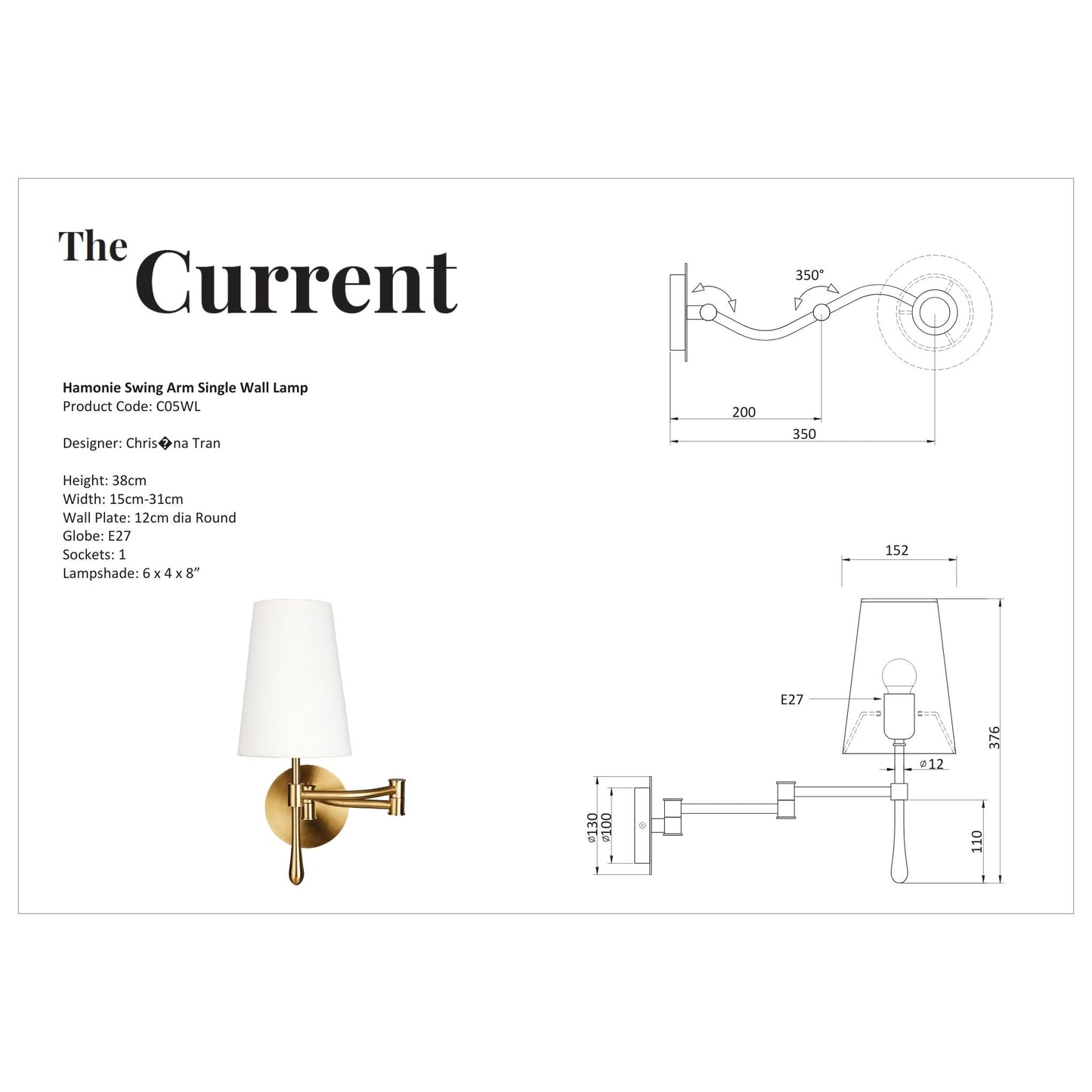 Christina Tran Harmonie Swing Arm Single Wall Lamp - Brass Wall Light Bloomingdales Lighting