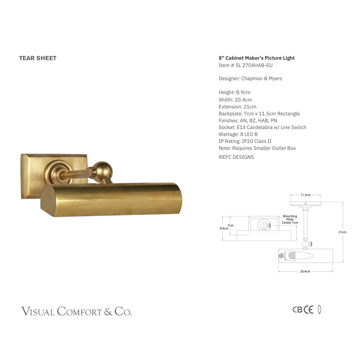 E. F. Chapman Cabinet Maker's Picture Light 8" - Antique Brass Wall Light Bloomingdales Lighting