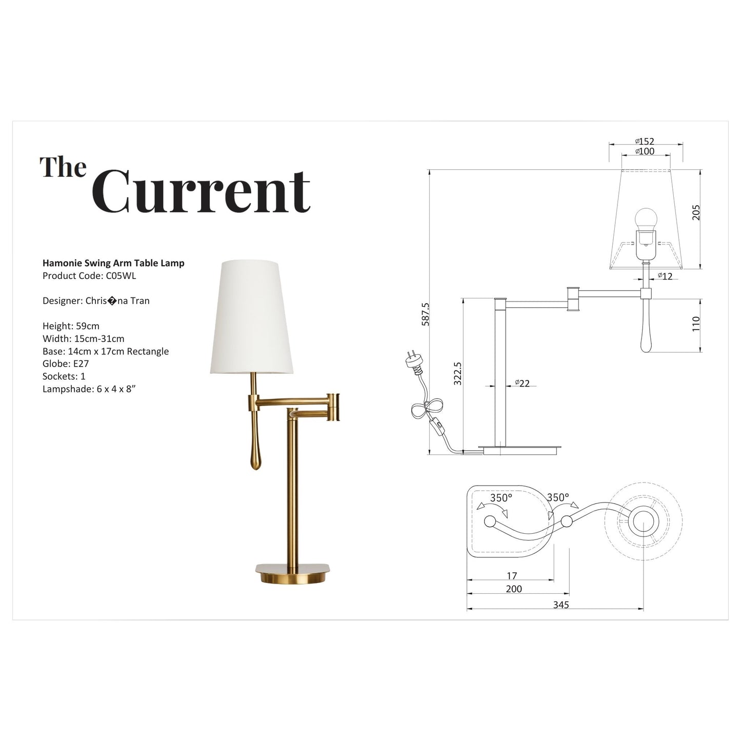 Christina Tran Harmonie Swing Arm Linen Table Lamp - Brass Table Lamp Bloomingdales Lighting