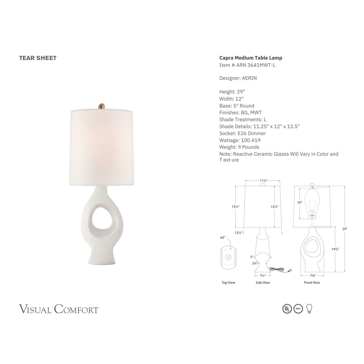 AERIN Capra Medium Raw Organic Table Lamp - White Table Lamp Bloomingdales Lighting
