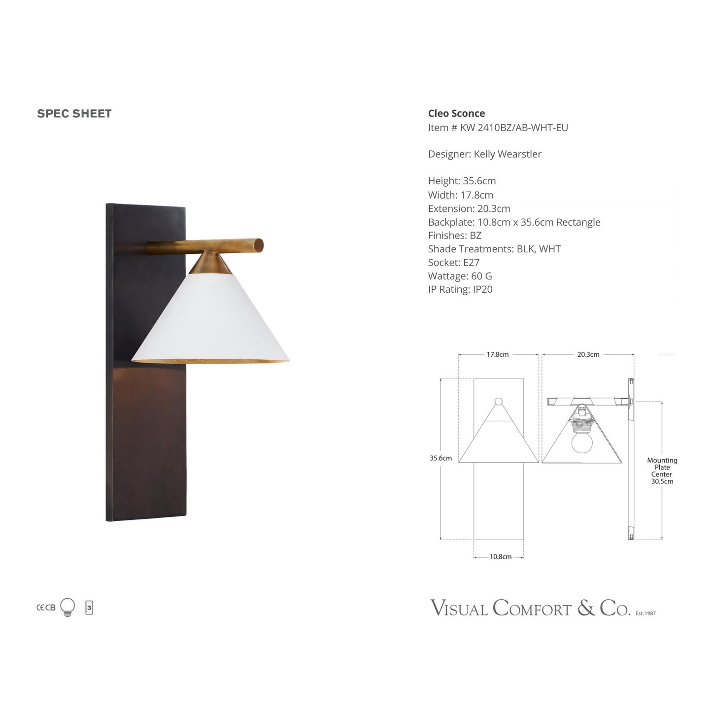 Kelly Wearstler Cleo White Ceramic Wall Sconce - Bronze Wall Light Bloomingdales Lighting