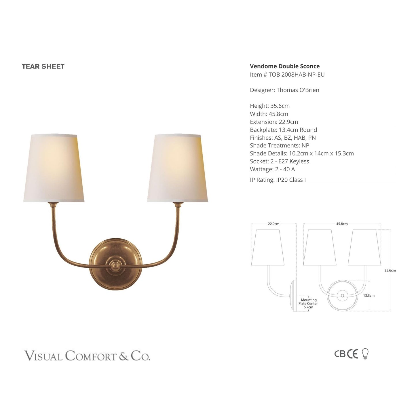 Thomas O'Brien Vendome Linen Double Wall Sconce - Brass Wall Light Bloomingdales Lighting