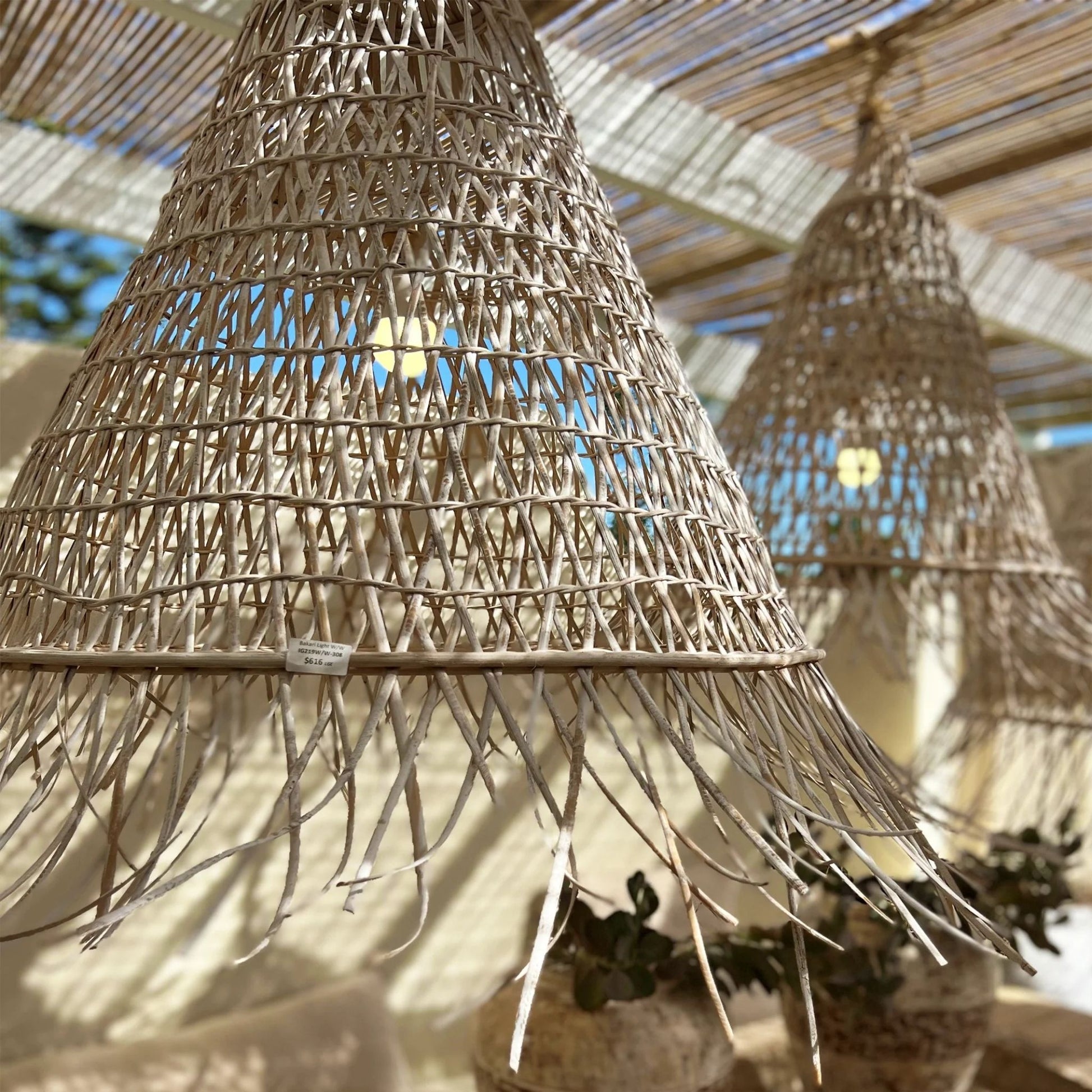 Bakaro White Washed Rattan Cone Pendant Light Pendant Light Bisque Interiors