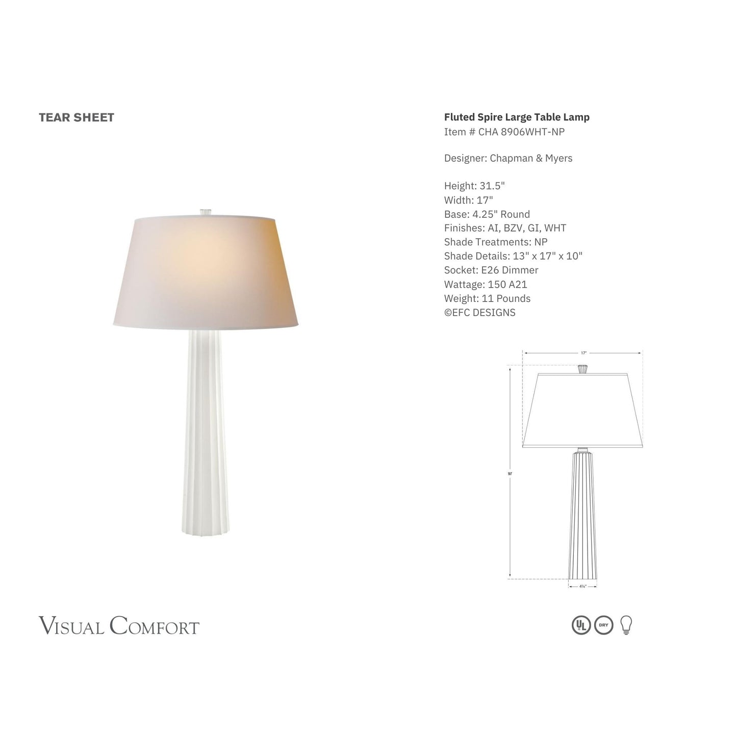 E. F. Chapman Fluted Spire Large Natural Paper Table Lamp - Plaster White Table Lamp Bloomingdales Lighting