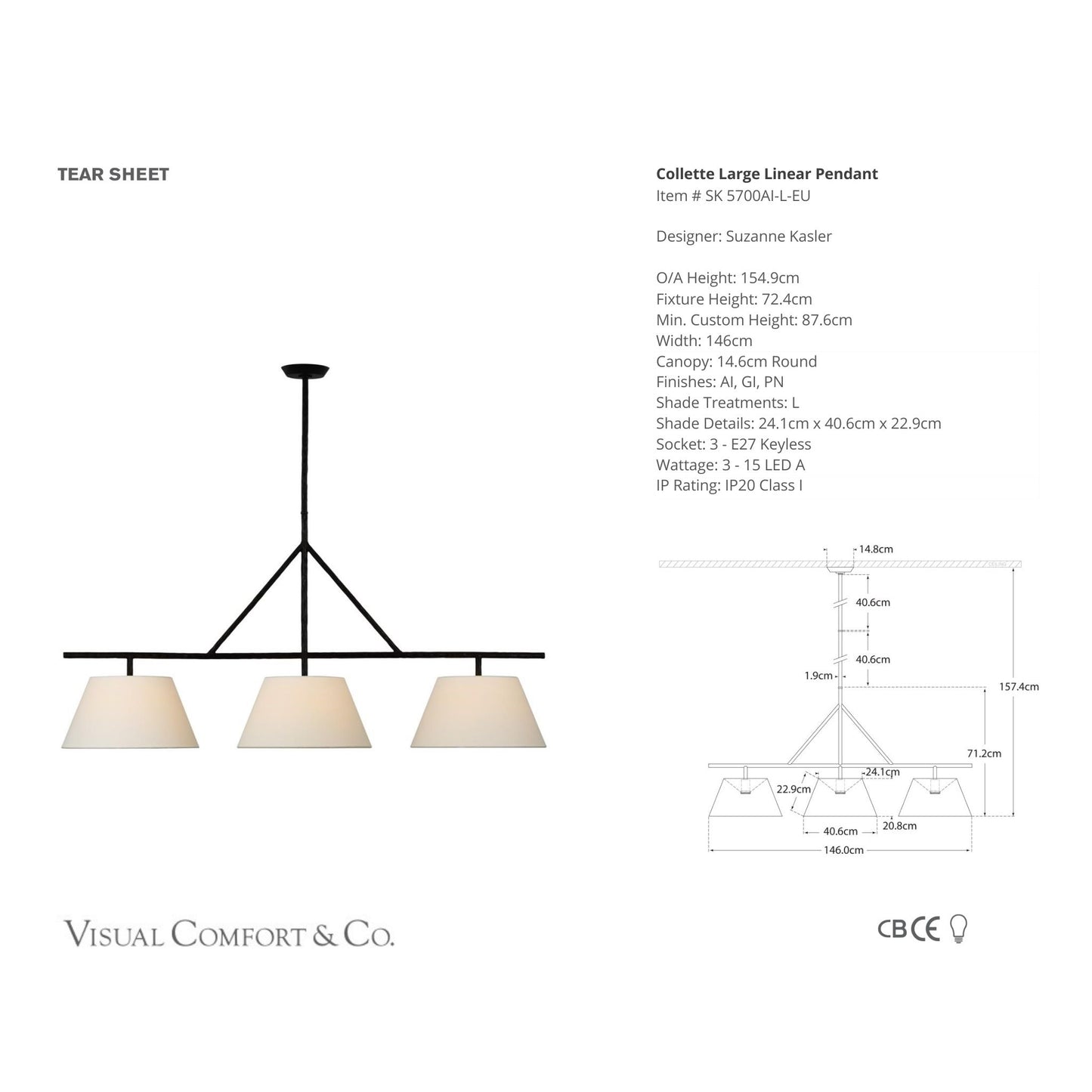 Suzanne Kasler Collette Large Linear Pendant Light - Aged Iron Pendant Light Bloomingdales Lighting