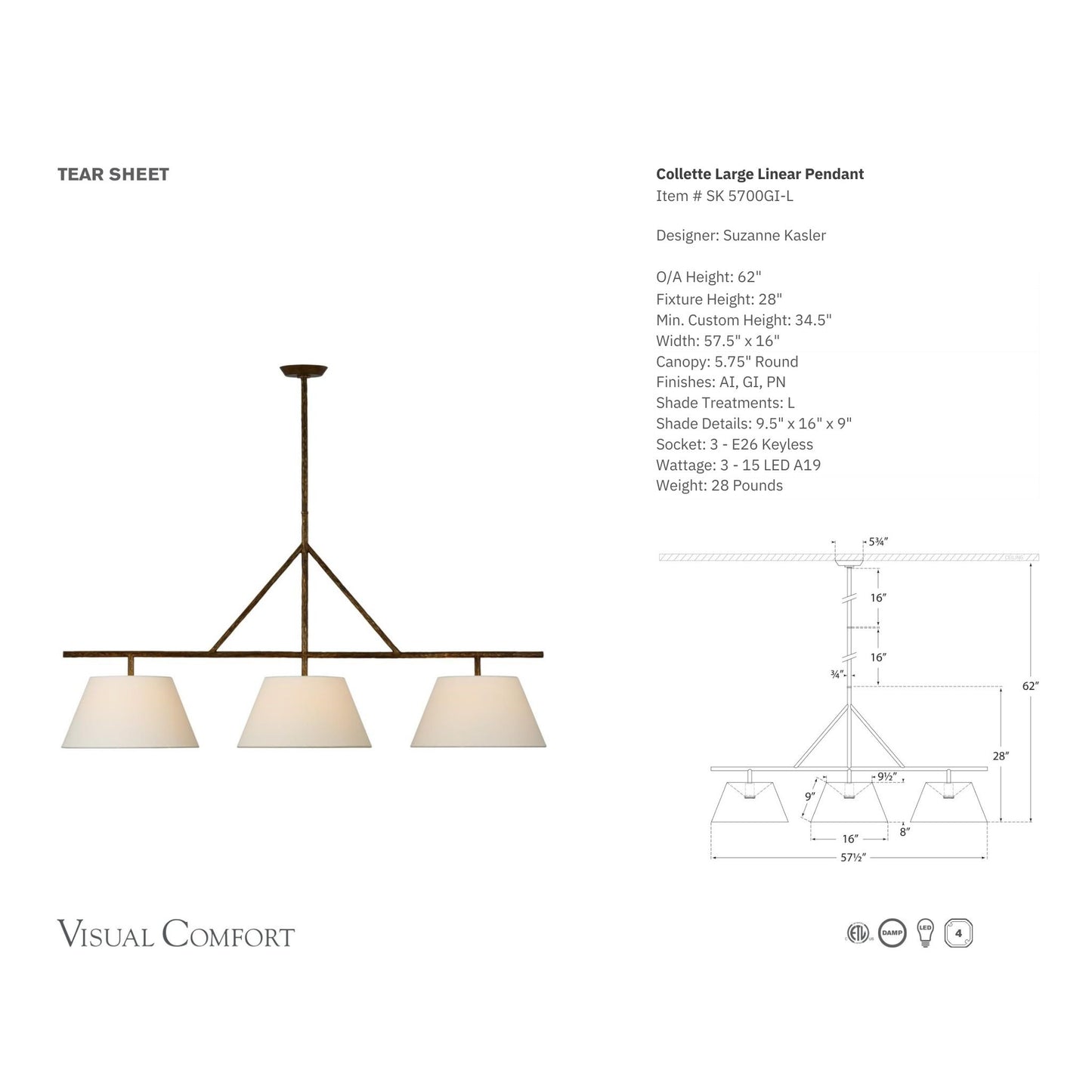 Suzanne Kasler Collette Large Linear Pendant Light - Gilded Iron Pendant Light Bloomingdales Lighting
