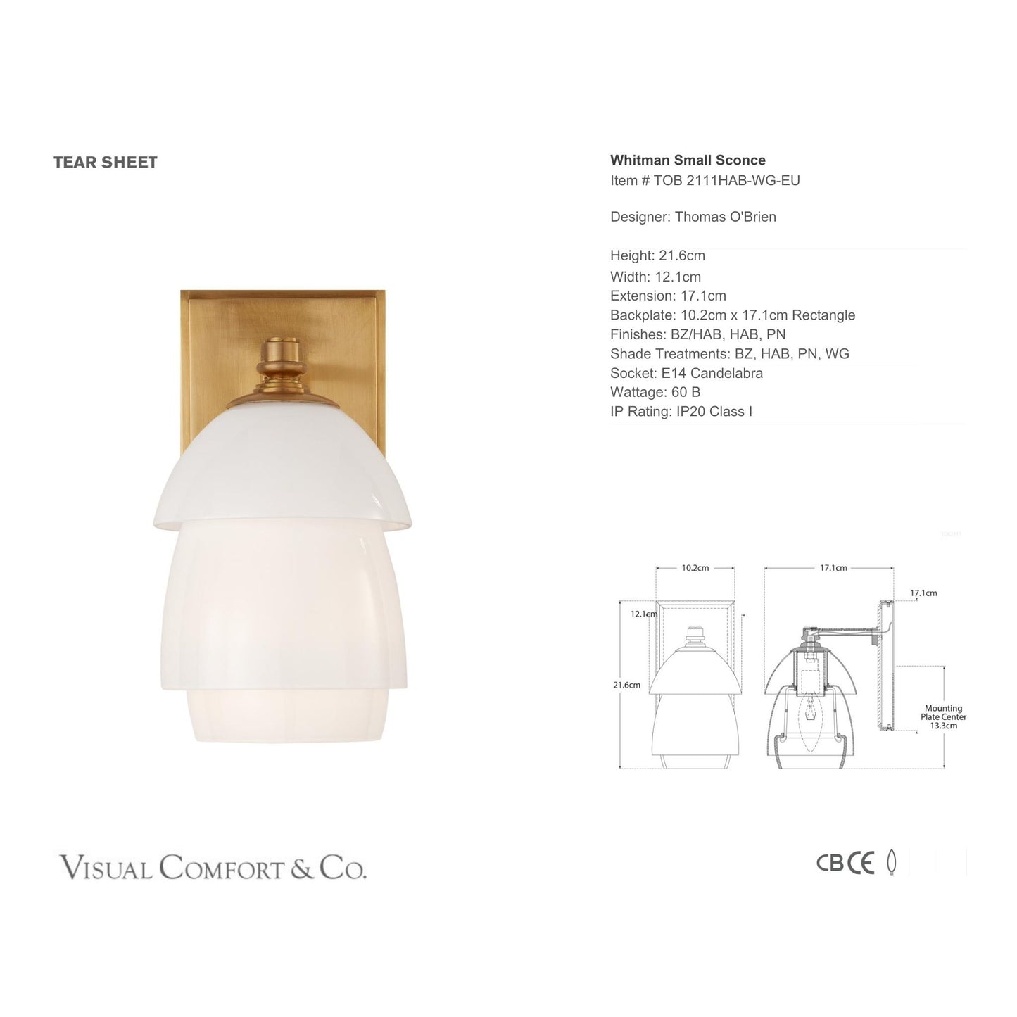 Thomas O'Brien Whitman Small Glass Wall Sconce - Brass Wall Light Bloomingdales Lighting