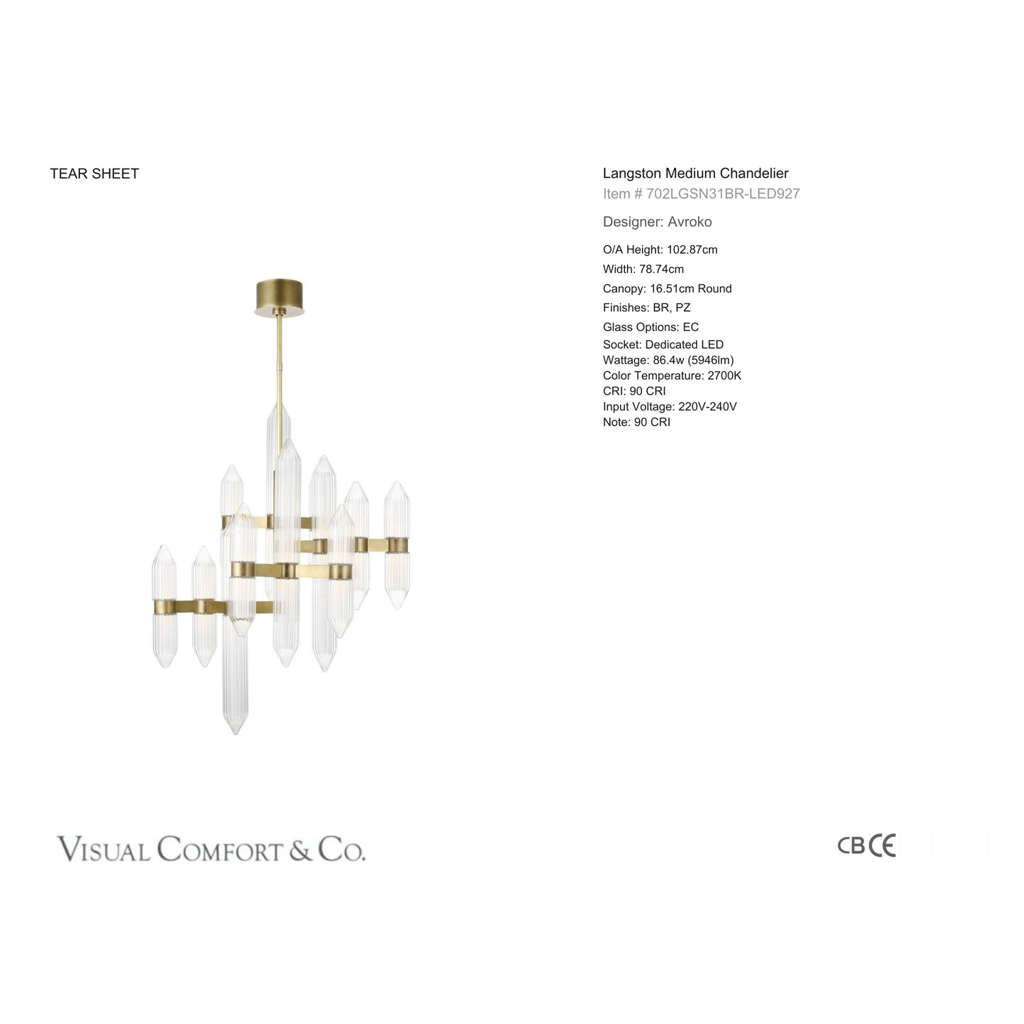 AvroKO Langston Medium Crystal Chandelier - Brass Chandelier Bloomingdales Lighting