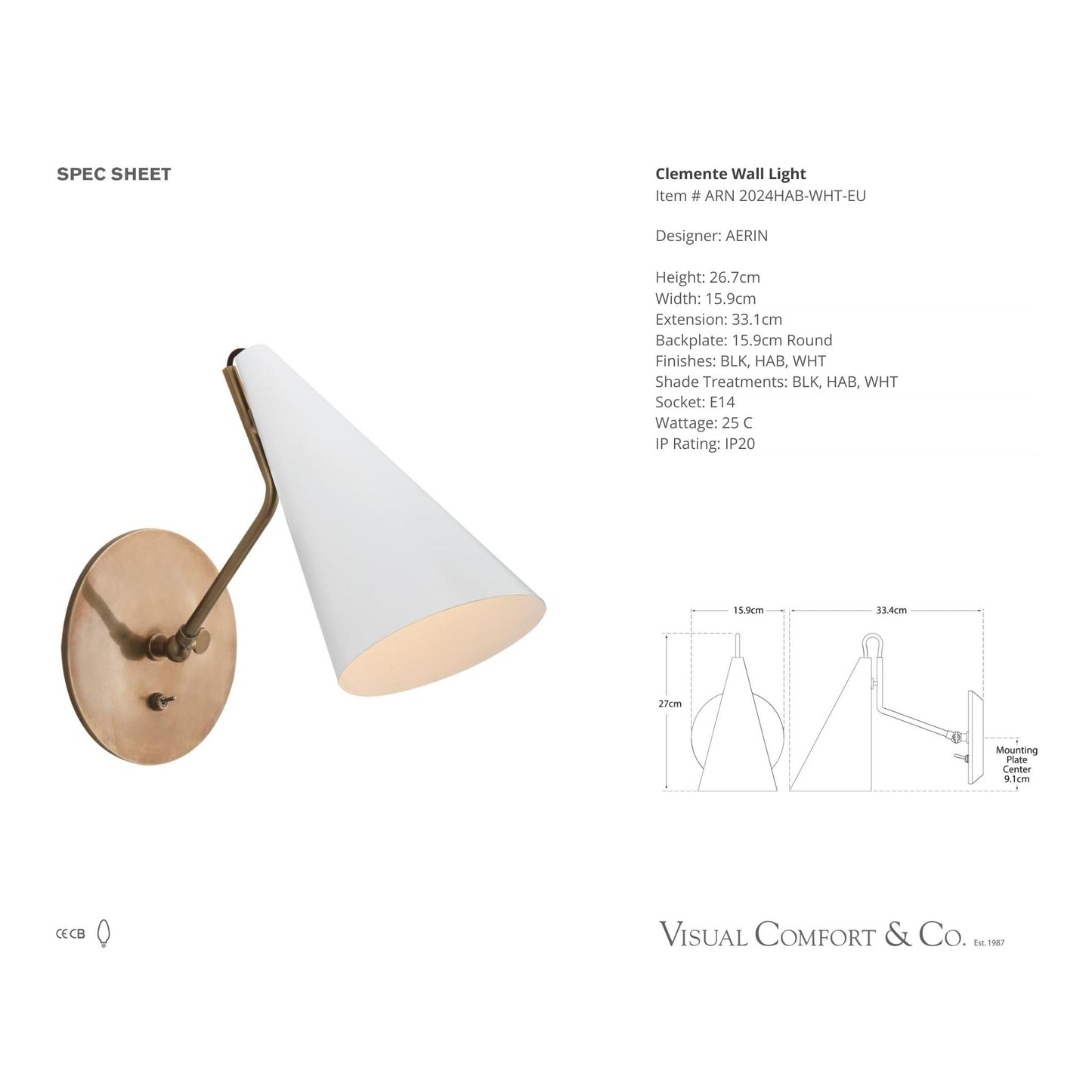 AERIN Clemente White Metal Wall Sconce - Brass Wall Light Bloomingdales Lighting