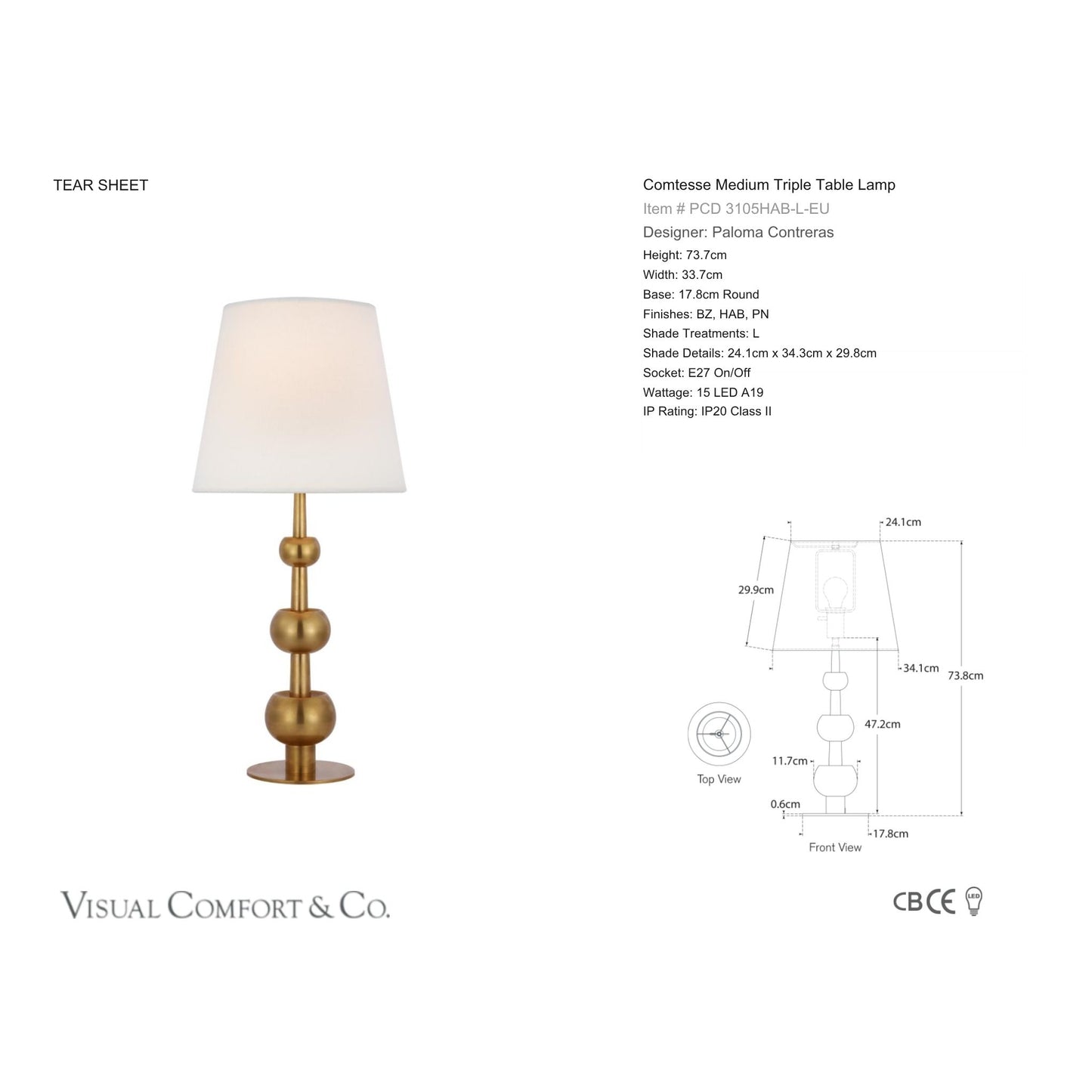 Paloma Contreras Comtesse Medium Triple Table Lamp with Linen Shade - Brass