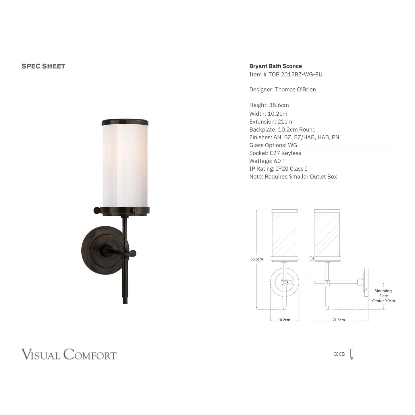 Thomas O'Brien Bryant Bath Sconce in Bronze with White Glass Wall Light Bloomingdales Lighting