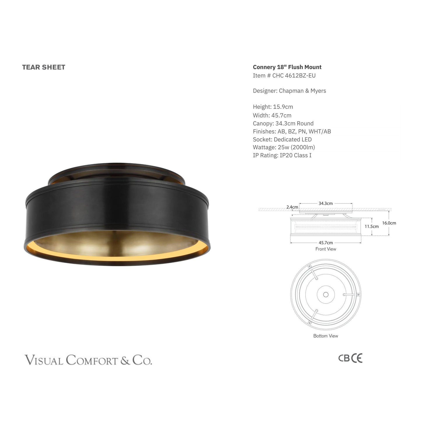 Chapman & Myers Connery 18" Flush Mount Ceiling Light - Bronze Ceiling Flush Mount Bloomingdales Lighting