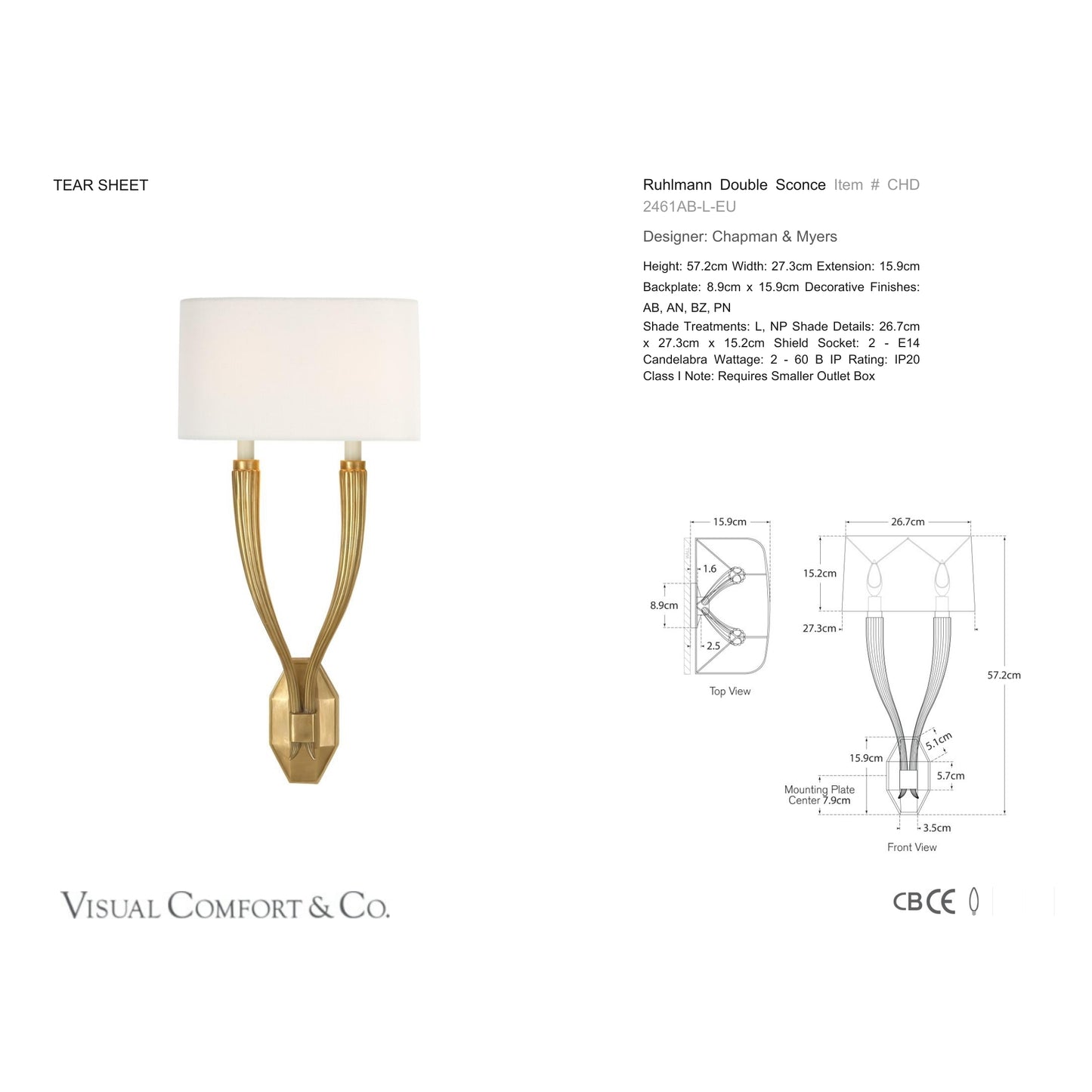 Chapman & Myers Ruhlmann Double Linen Wall Sconce - Brass Wall Light Bloomingdales Lighting