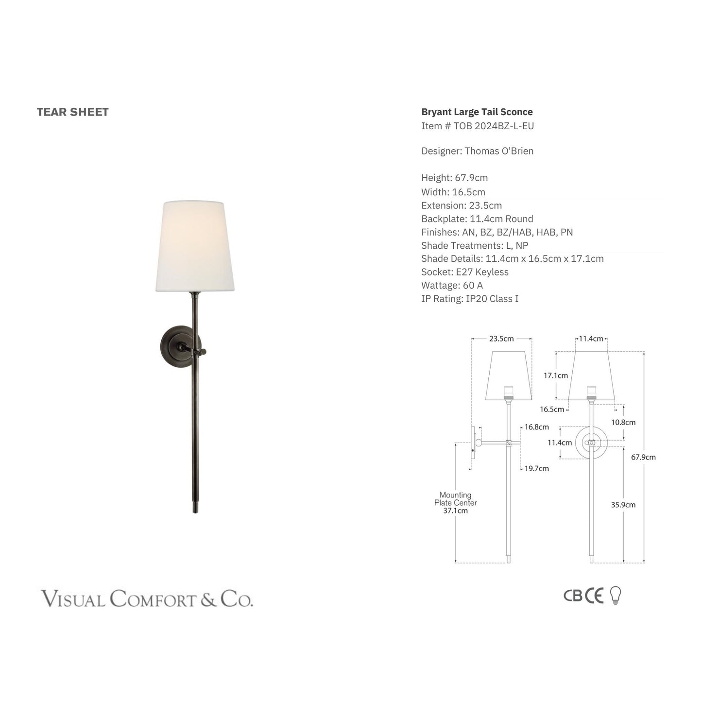 Thomas O'Brien Bryant Large Tail Linen Wall Sconce - Bronze Wall Light Bloomingdales Lighting