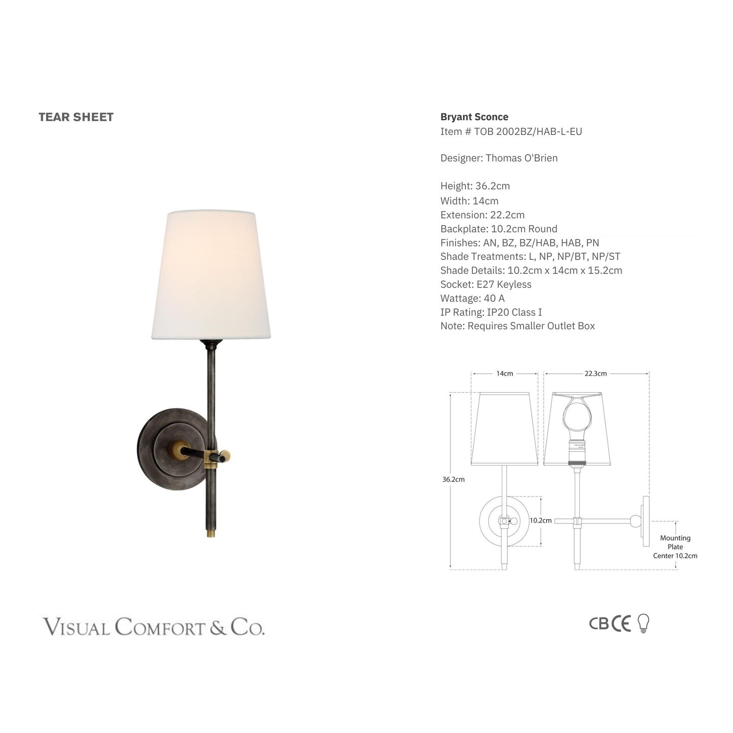Thomas O'Brien Bryant Wall Sconce - Bronze and Brass Wall Light Bloomingdales Lighting