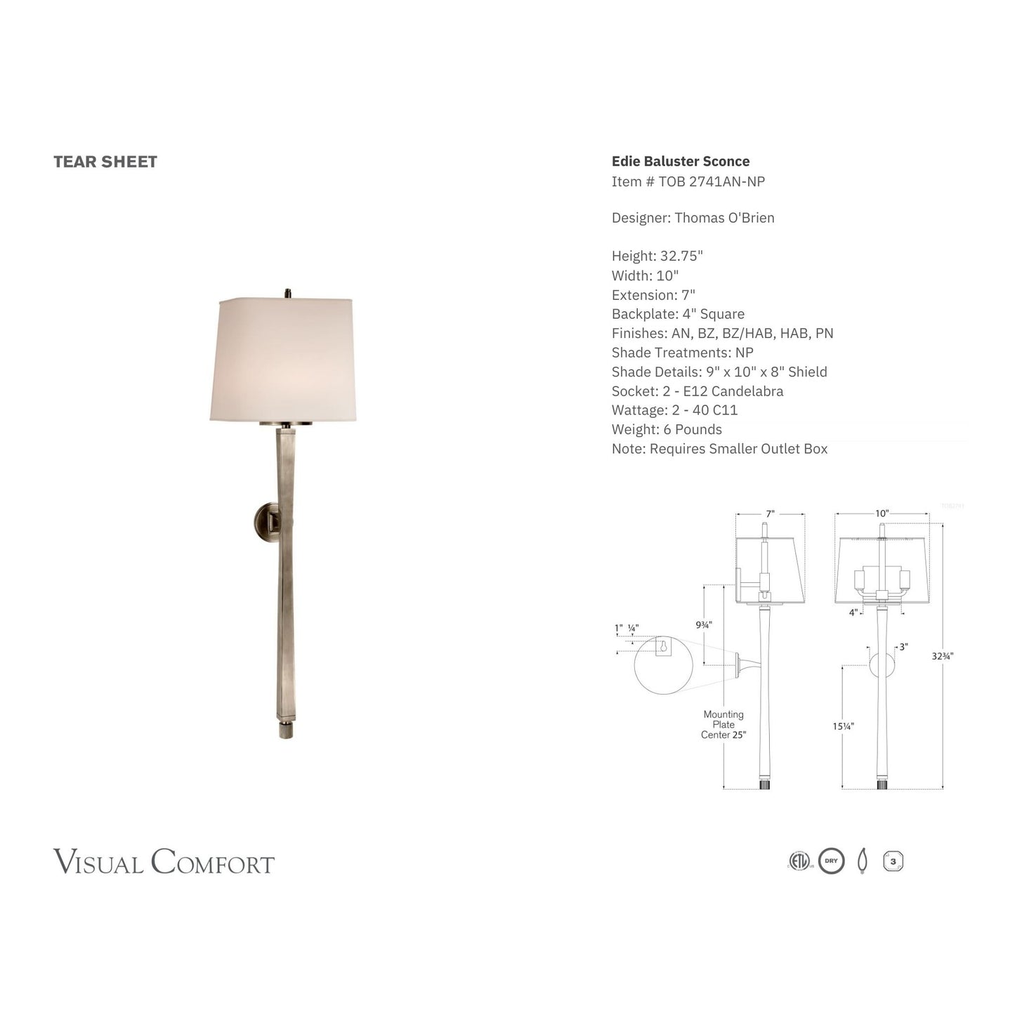 Thomas O'Brien Edie Baluster Wall Sconce - Antique Nickel Wall Light Bloomingdales Lighting