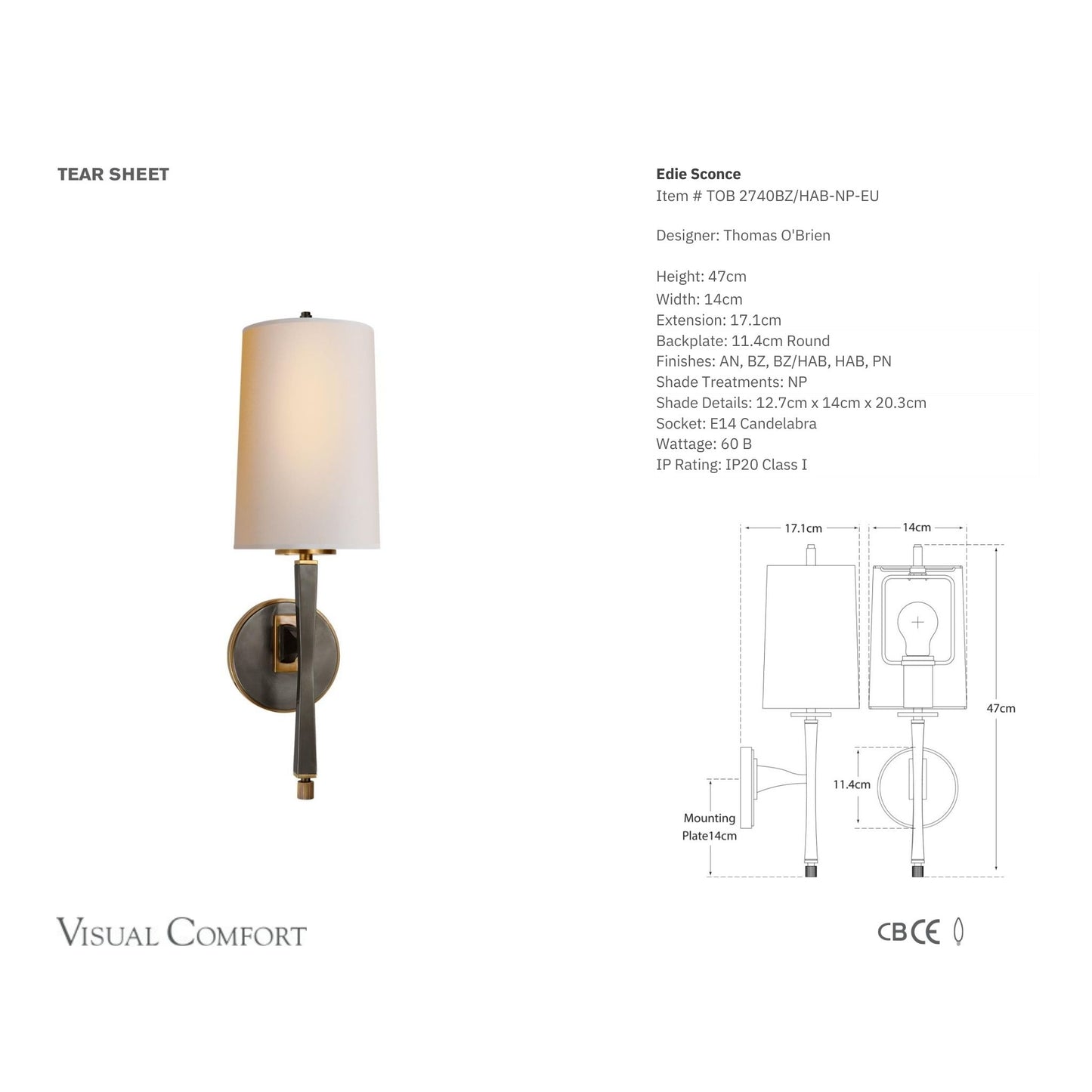Thomas O'Brien Edie Linen Wall Sconce - Bronze and Brass Wall Light Bloomingdales Lighting