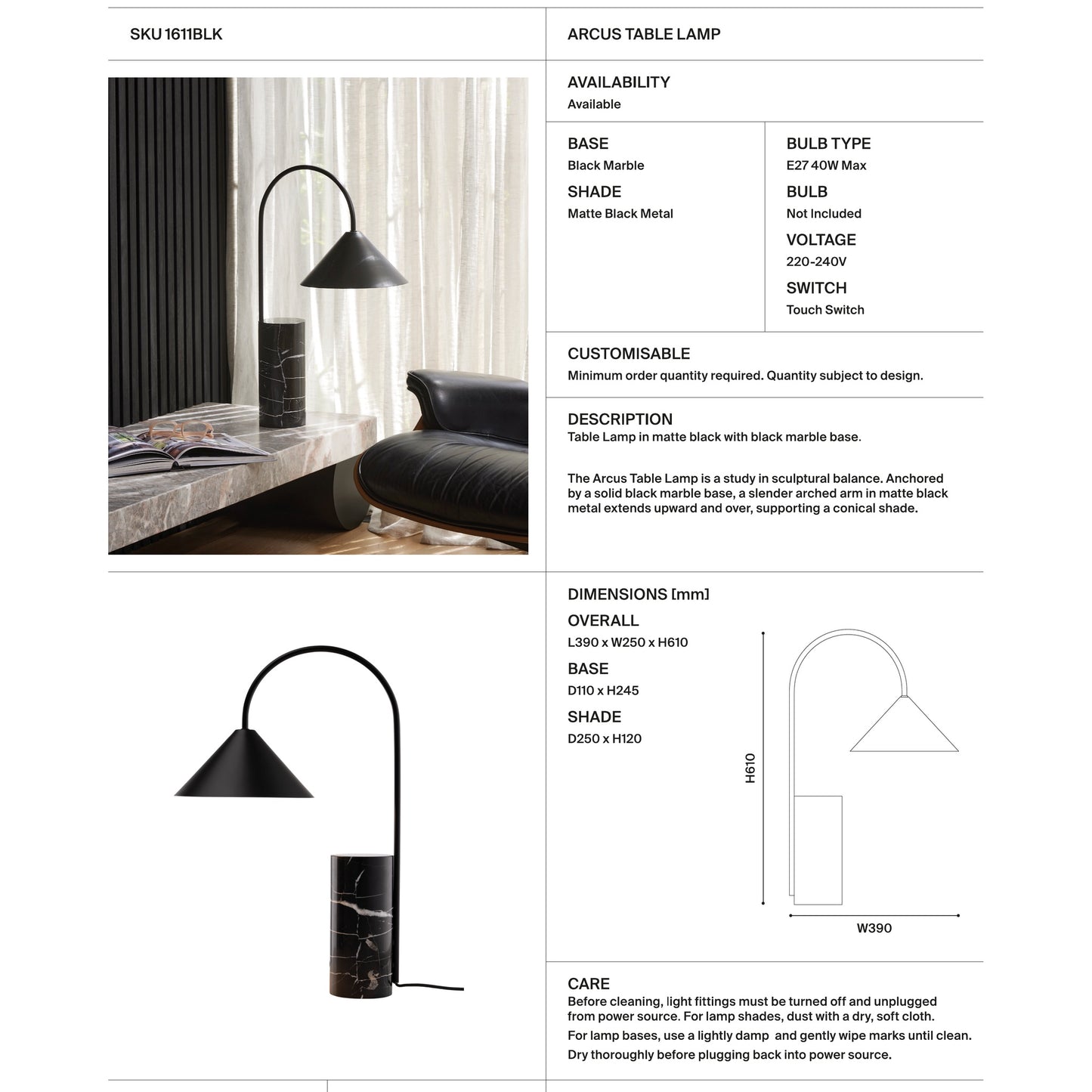 Arcus Black Marble Cylinder Table Lamp Table Lamp Mayfield Lighting