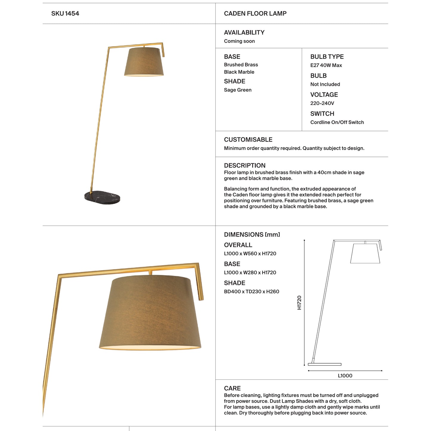 Caden Over Reach Marble Floor lamp - Brushed Brass Floor Lamp Mayfield Lighting