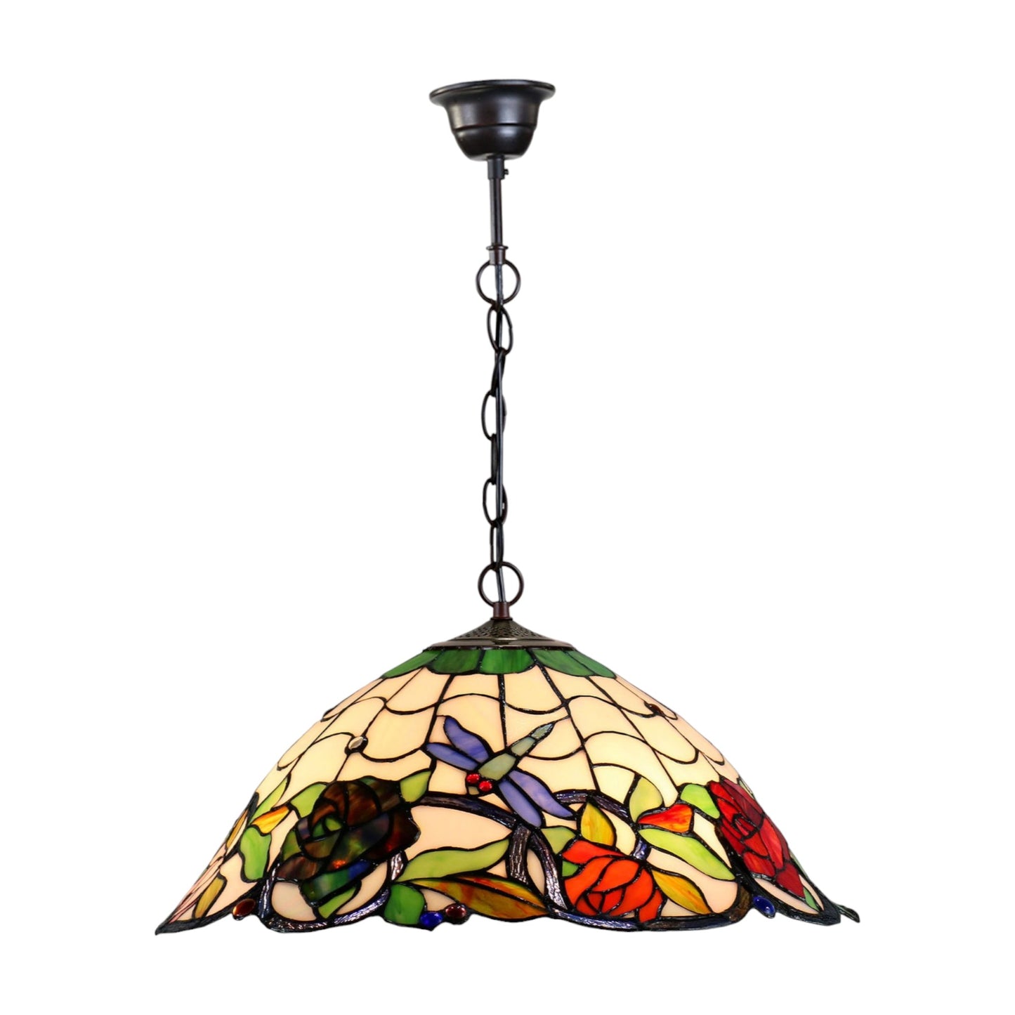 Tiffany Rose & Dragonfly 3-Arm Stained Glass Pendant Light Pendant Light G&G Bros Lamp
