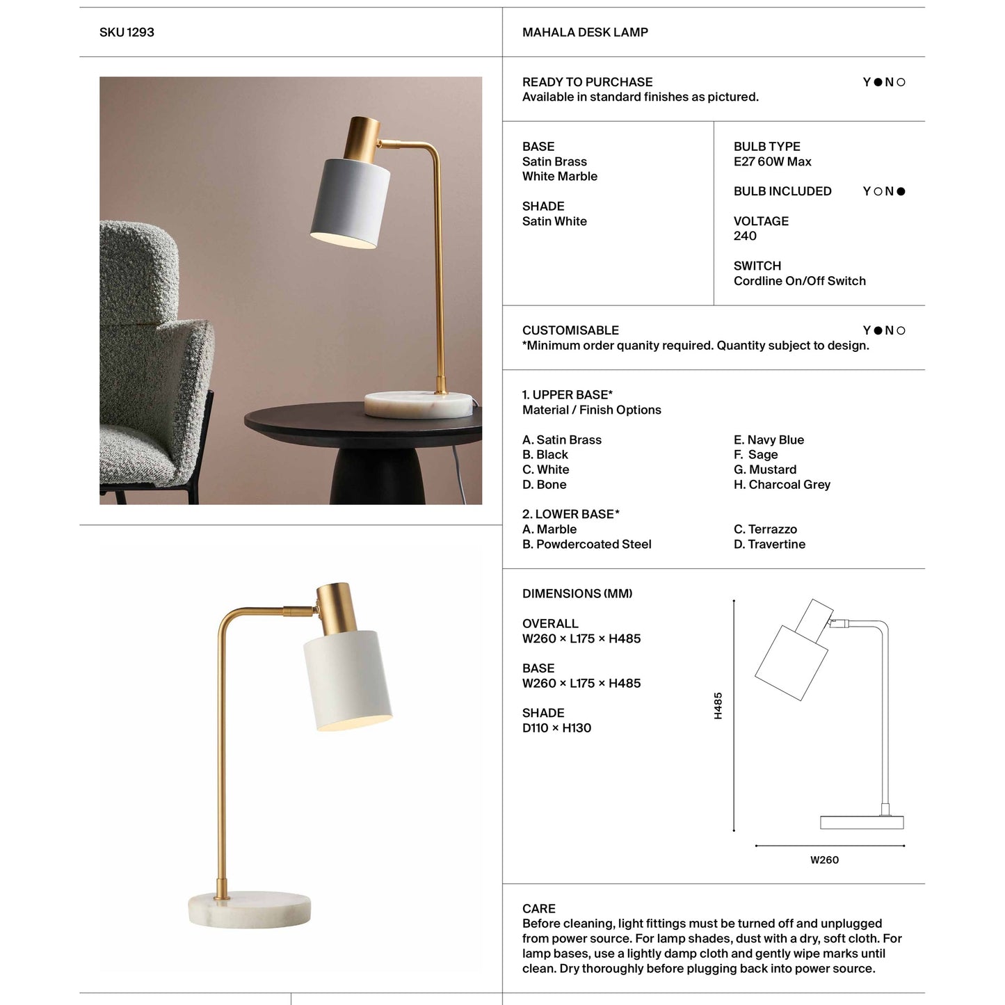Mahala Adjustable White Marble Desk Lamp - Satin Brass Desk Lamp Mayfield Lighting