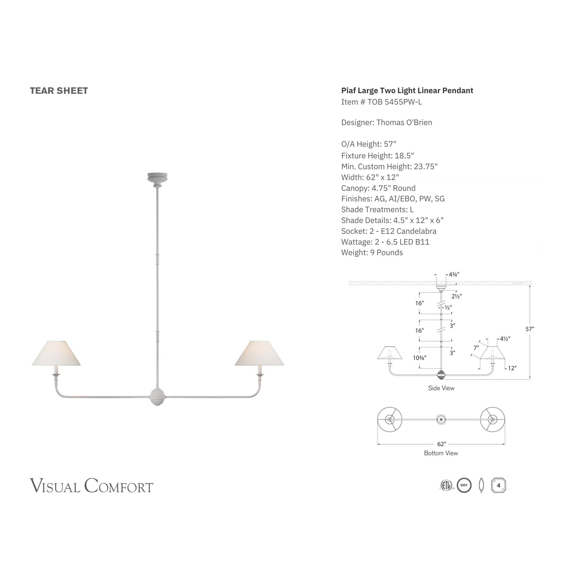 Thomas O'Brien Piaf Large Two-Light Linear Pendant Light - Plaster White Pendant Light Bloomingdales Lighting