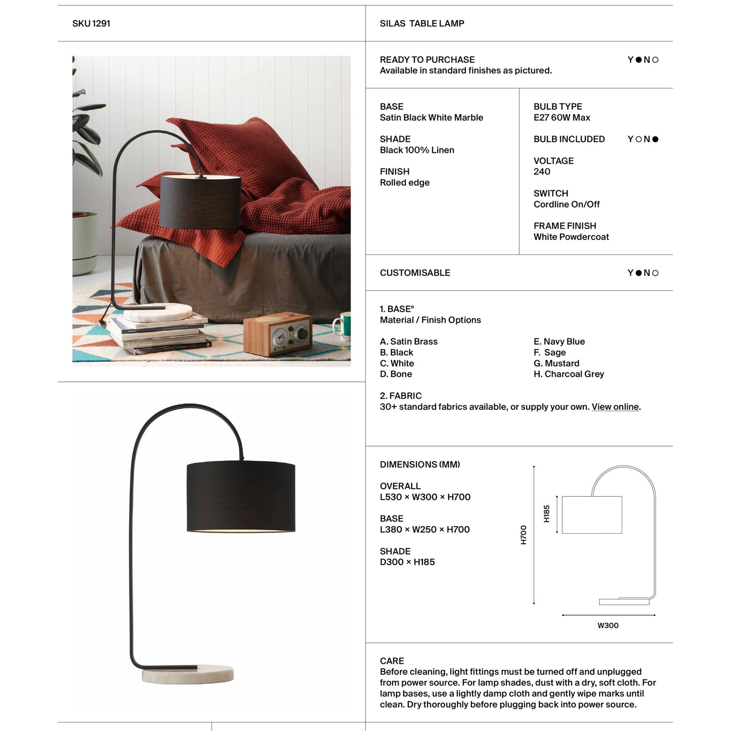 Silas White Marble Table Lamp - Satin Black Table Lamp Mayfield Lighting