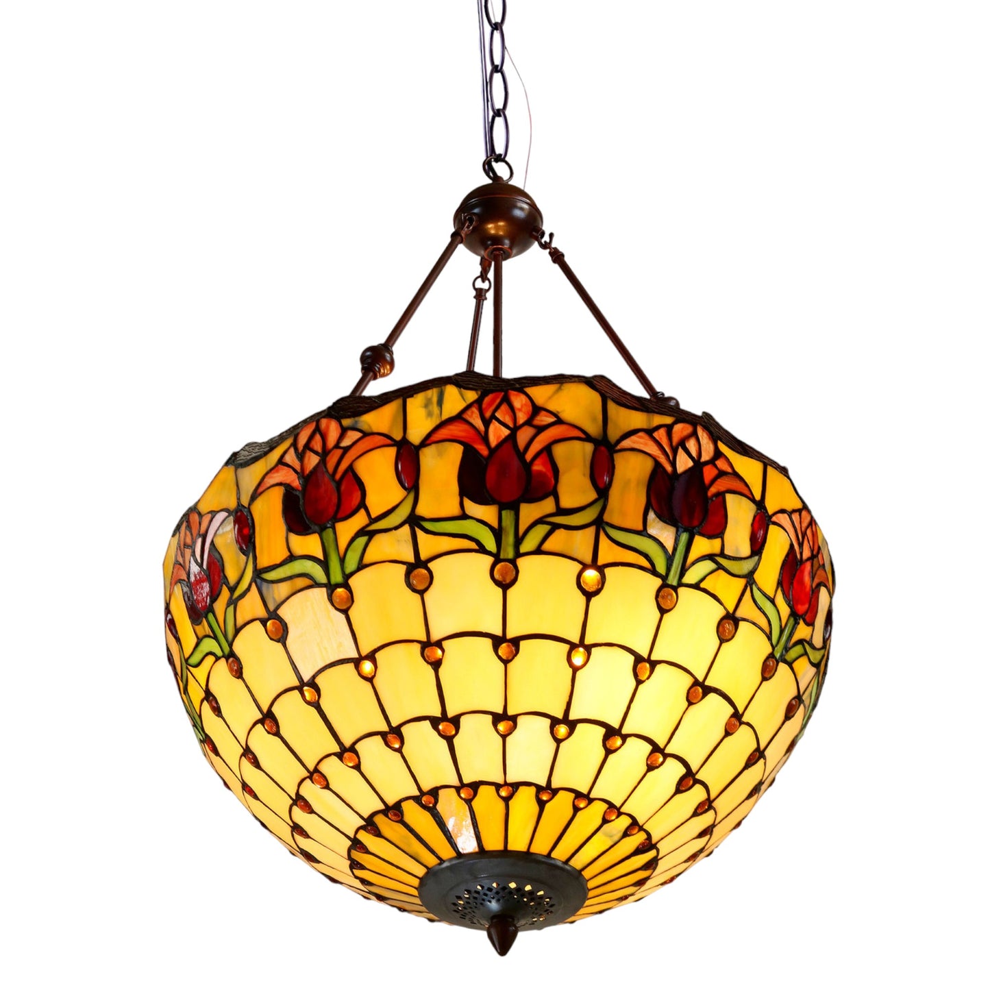 Tiffany Red Tulip 3-Arm Stained Glass Pendant Light Pendant Light G&G Bros