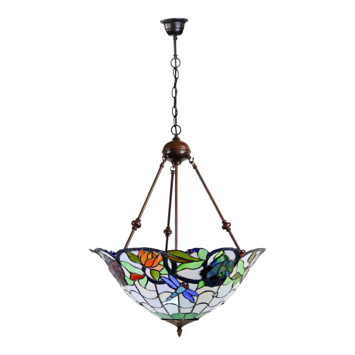 Tiffany Rose & Dragonfly 3-Arm Stained Glass Pendant Light Pendant Light G&G Bros
