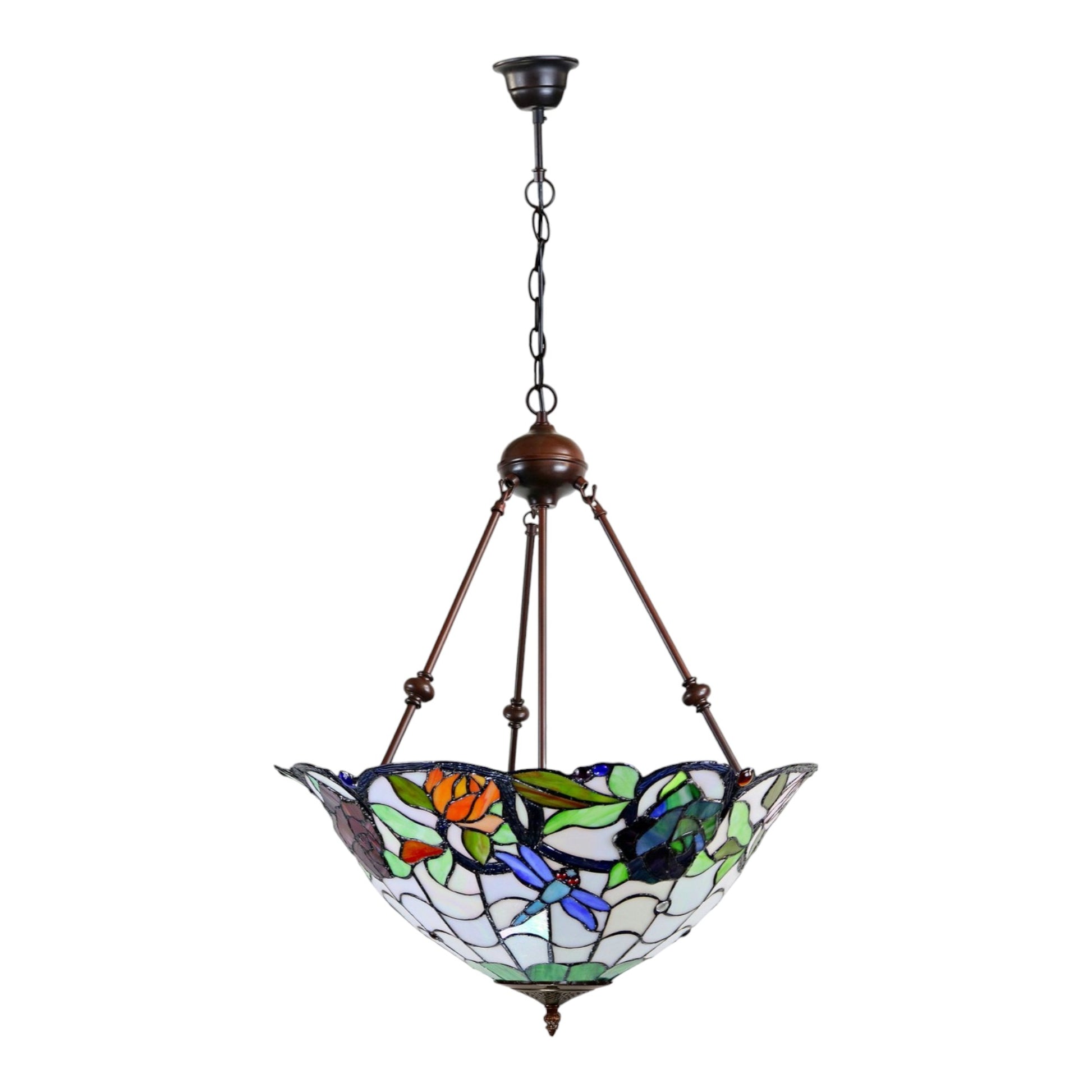 Tiffany Rose & Dragonfly 3-Arm Stained Glass Pendant Light Pendant Light G&G Bros