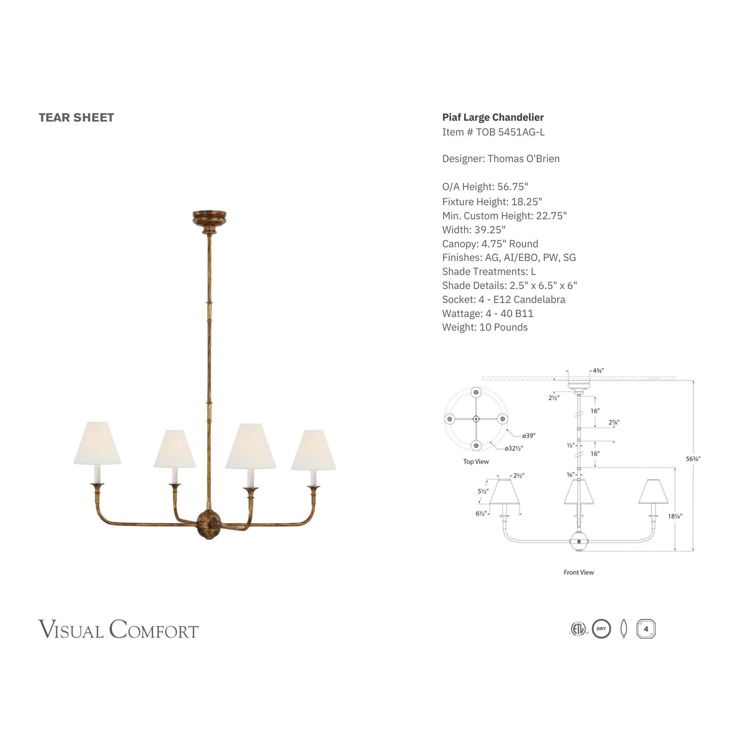 Thomas O'Brien Piaf Large Chandelier - Antique Gild Pendant Light Bloomingdales Lighting