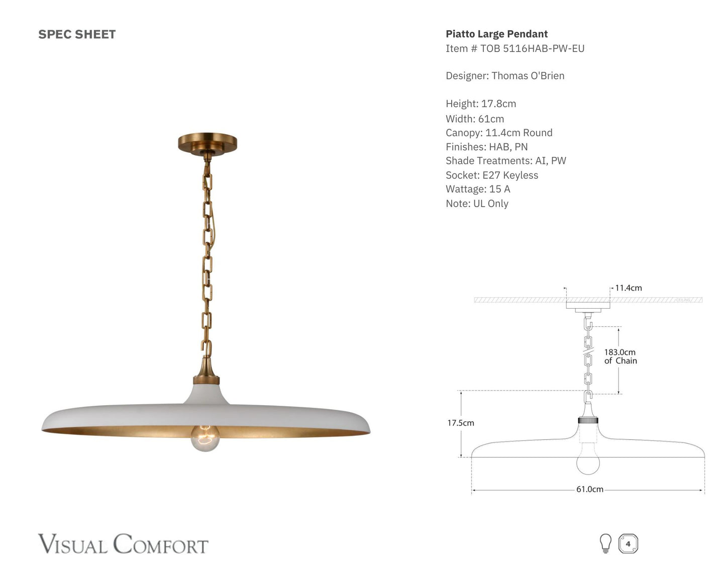 Thomas O'Brien Piatto Large Pendant Light - White and Brass Pendant Light Bloomingdales Lighting