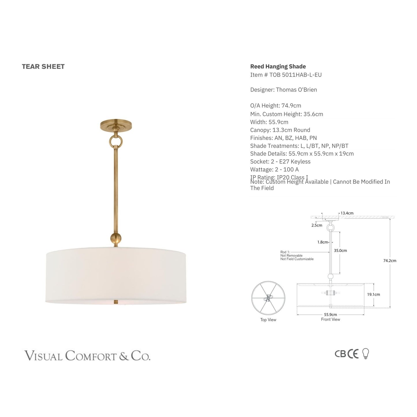 Thomas O'Brien Reed Hanging Shade - Brass Pendant Light Bloomingdales Lighting