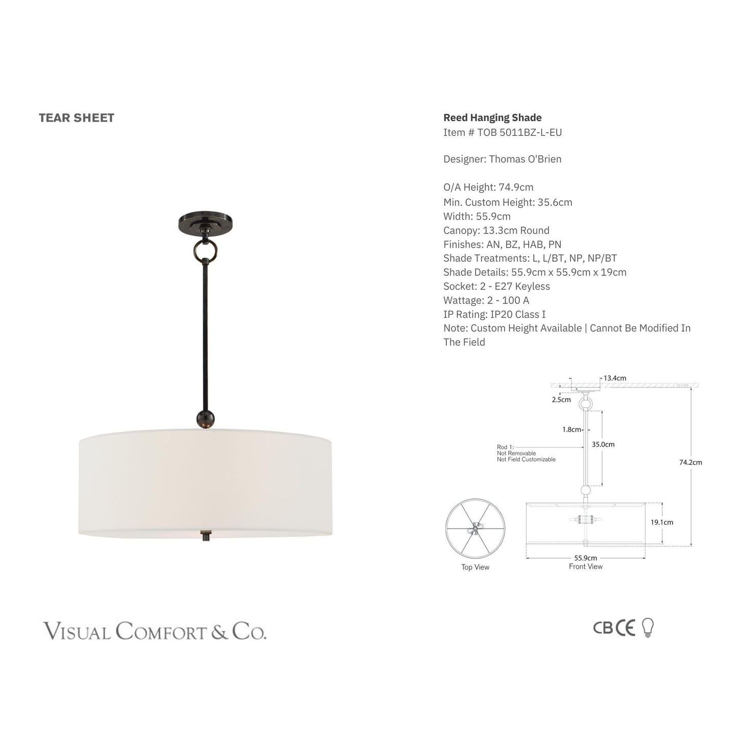 Thomas O'Brien Reed Hanging Shade - Bronze Pendant Light Bloomingdales Lighting